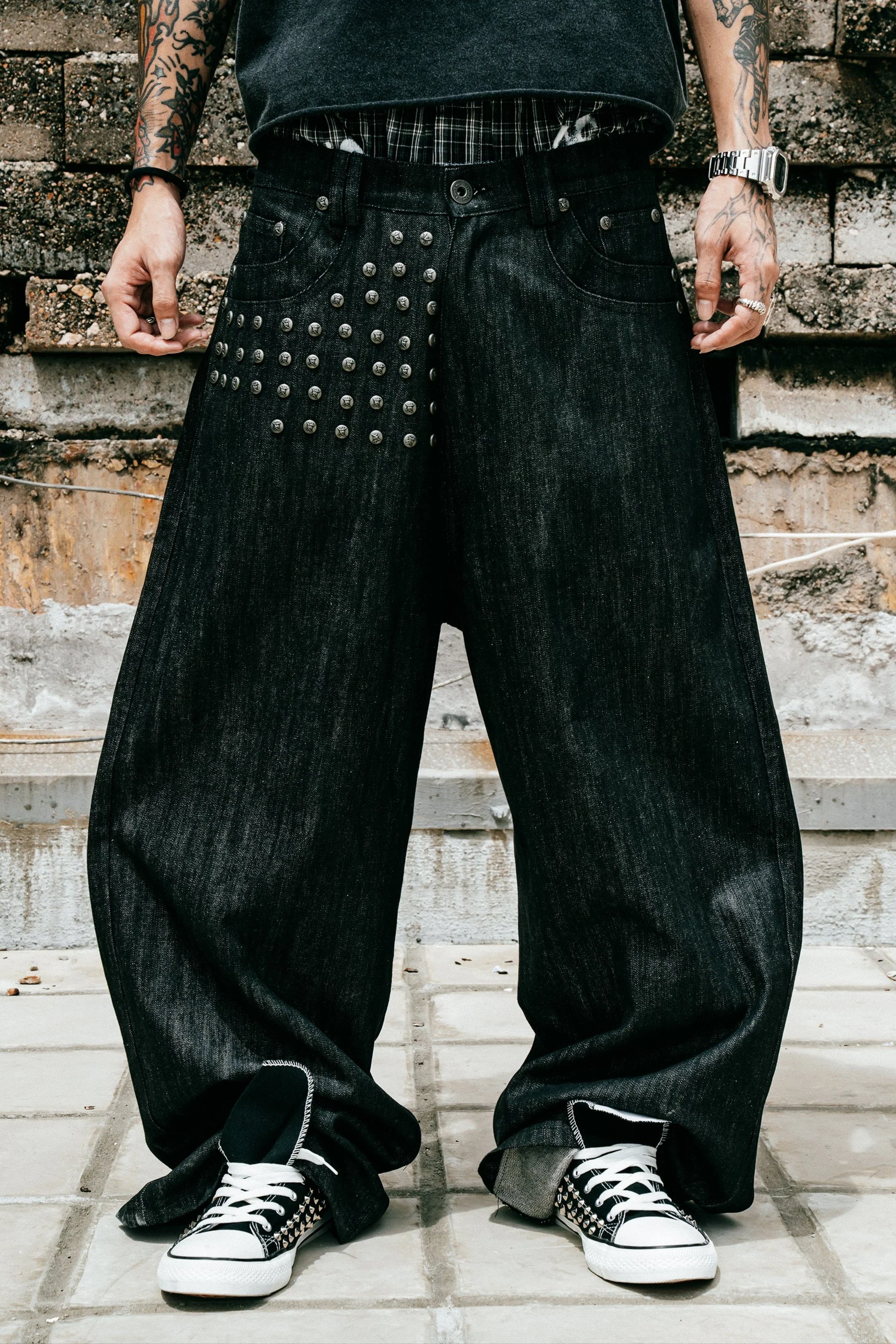 Devlin Studded Waxed Japanese Raw Denims in Black - Image 7