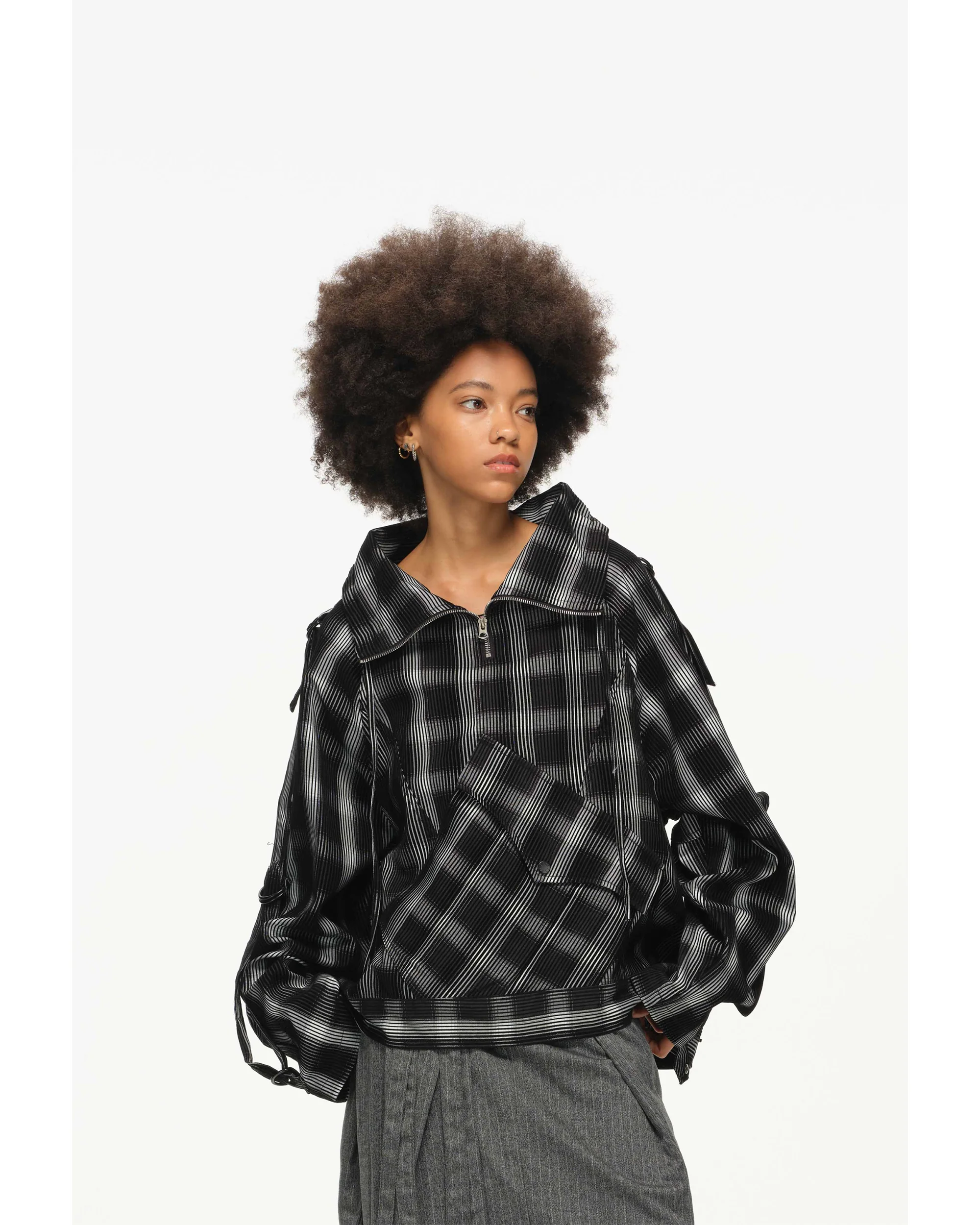 Distorted Plaid Half-Zip Pullover – Black & White, Boxy Fit - Image 10