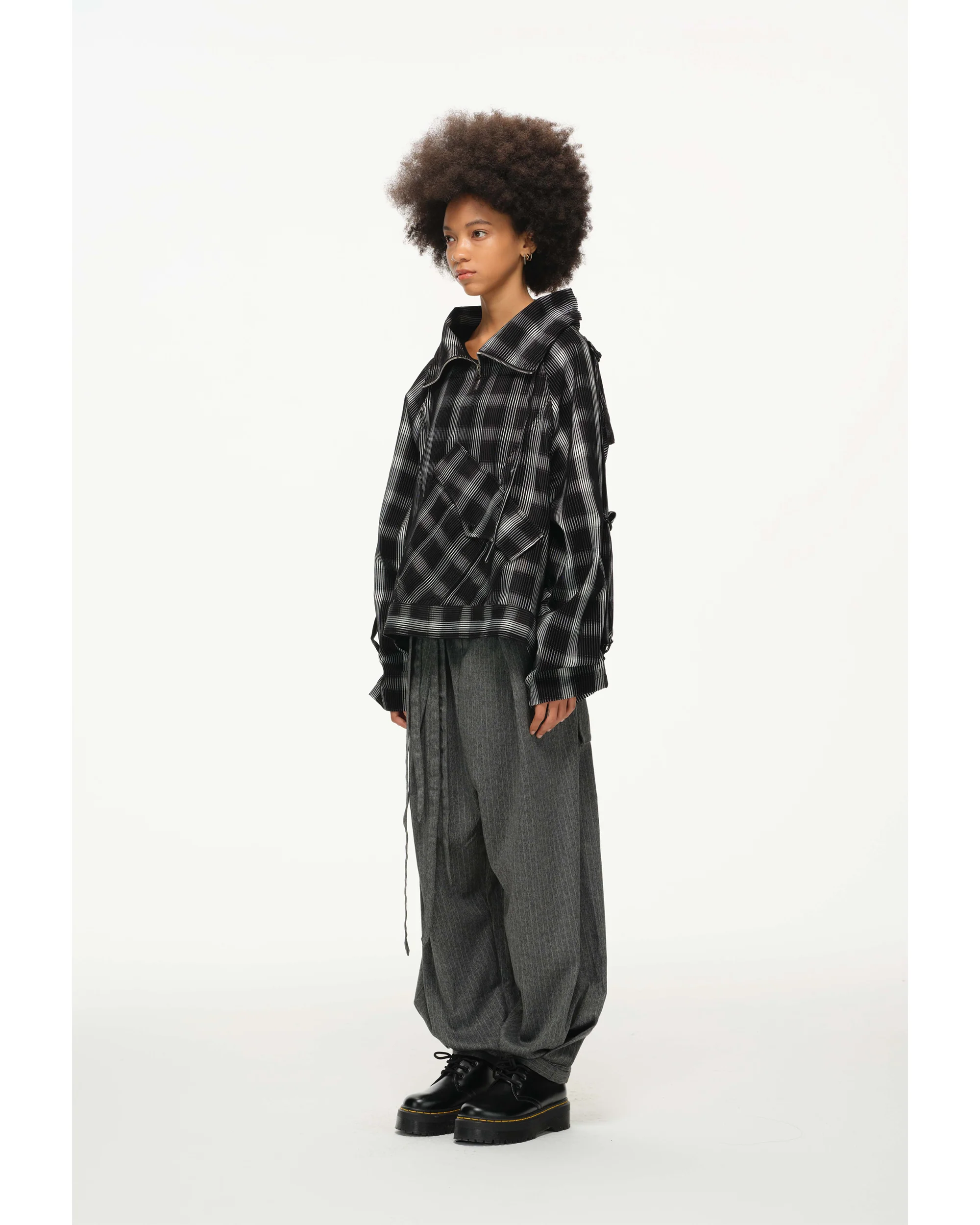Distorted Plaid Half-Zip Pullover – Black & White, Boxy Fit - Image 11