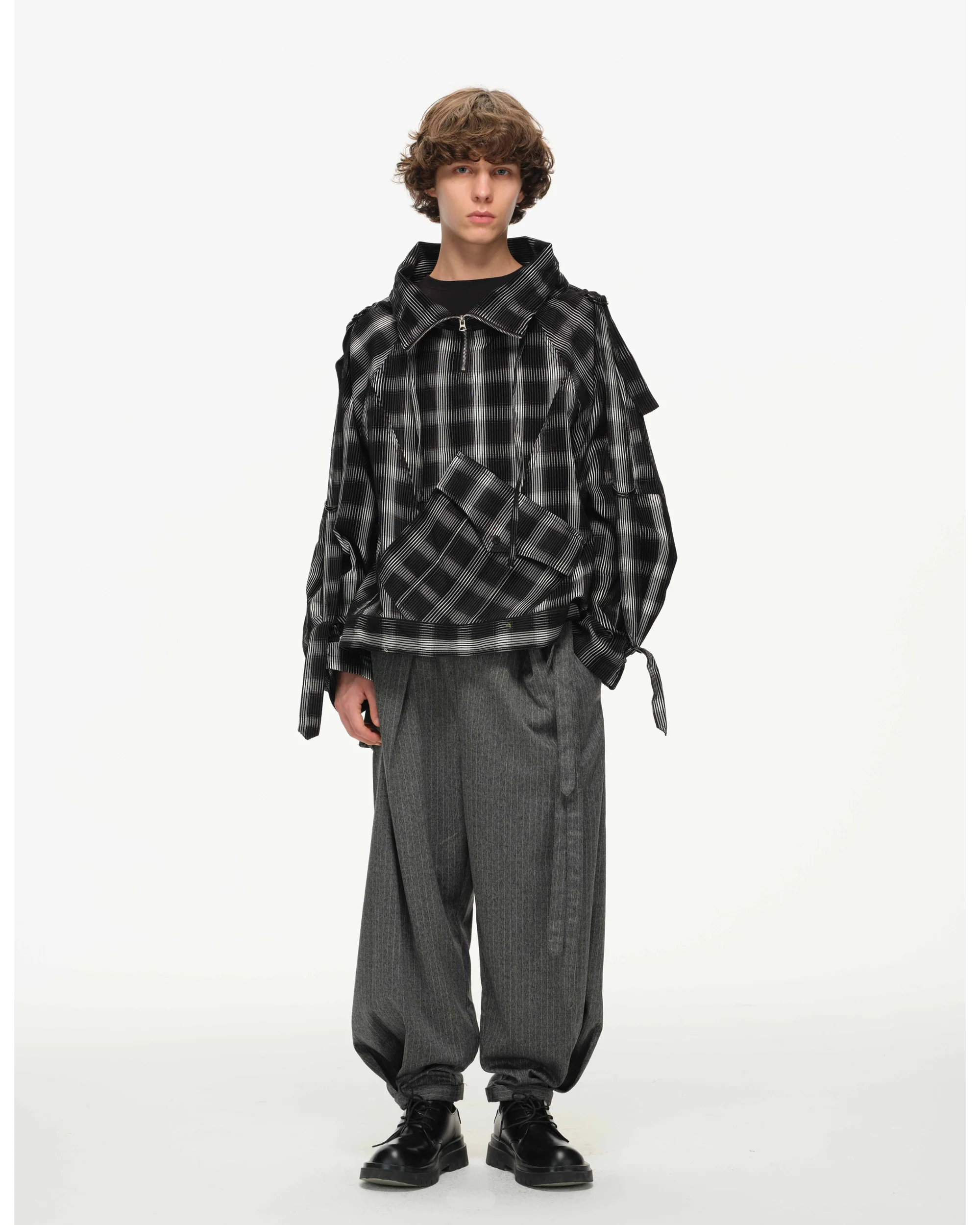 Distorted Plaid Half-Zip Pullover – Black & White, Boxy Fit - Image 3