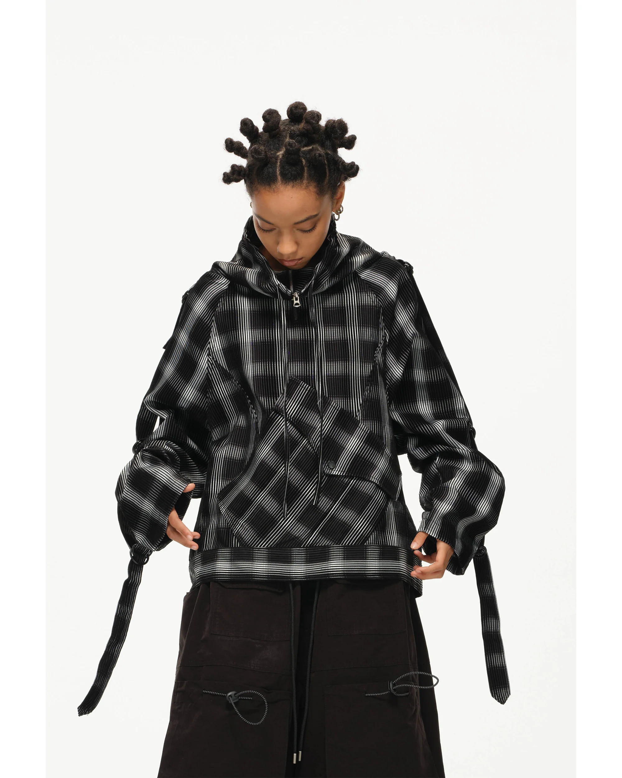 Distorted Plaid Half-Zip Pullover – Black & White, Boxy Fit - Image 7