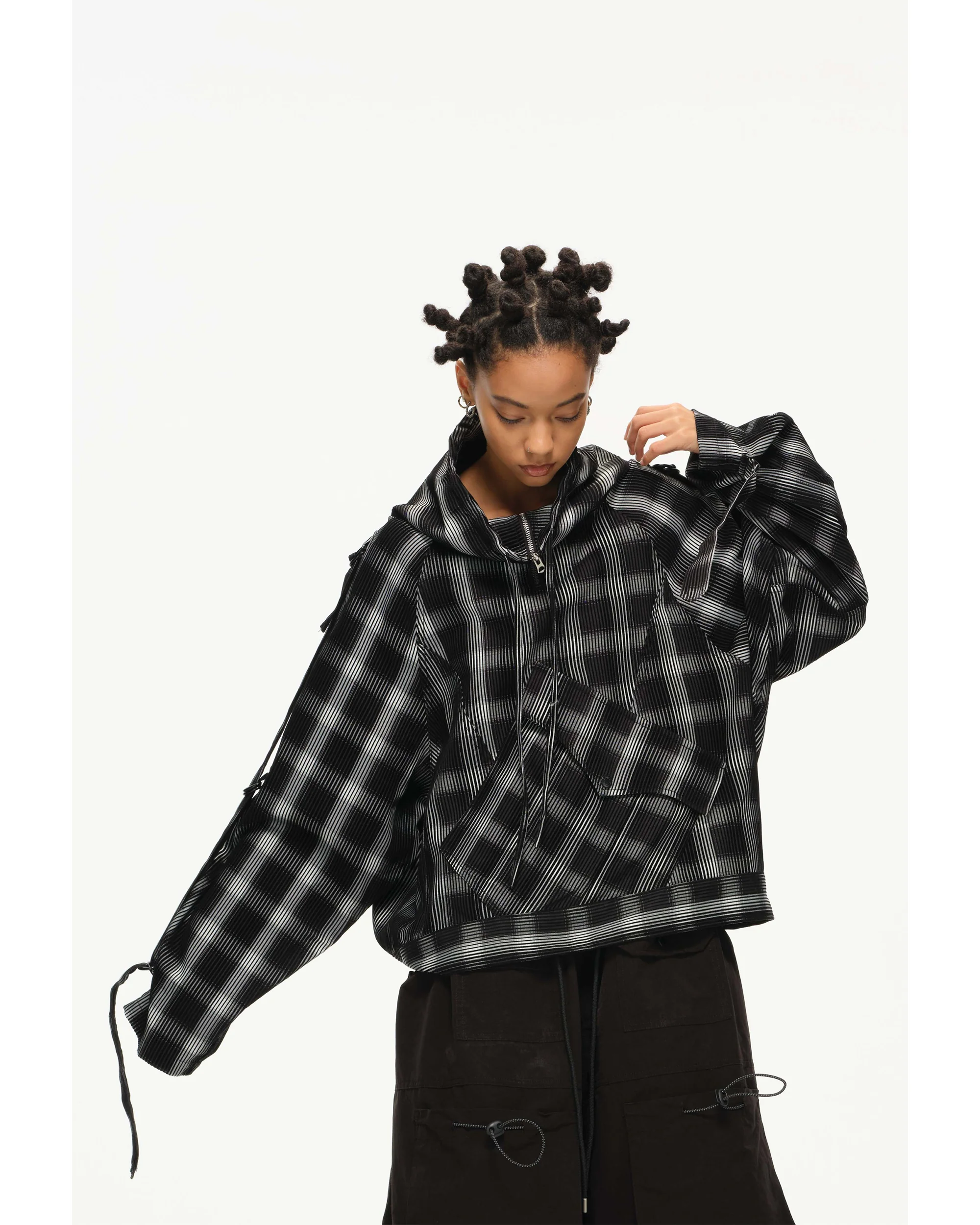 Distorted Plaid Half-Zip Pullover – Black & White, Boxy Fit - Image 8