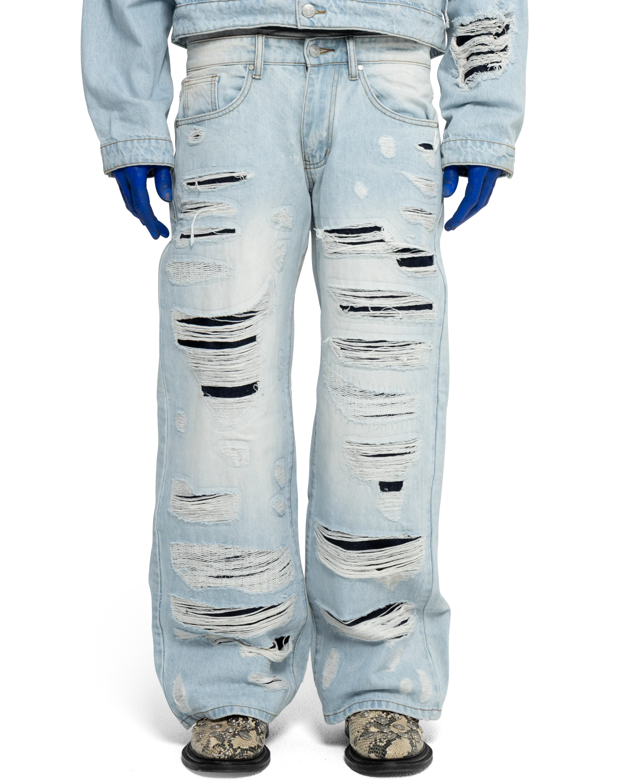 DISTRESSED DOUBLE DENIM PANTS - Image 2
