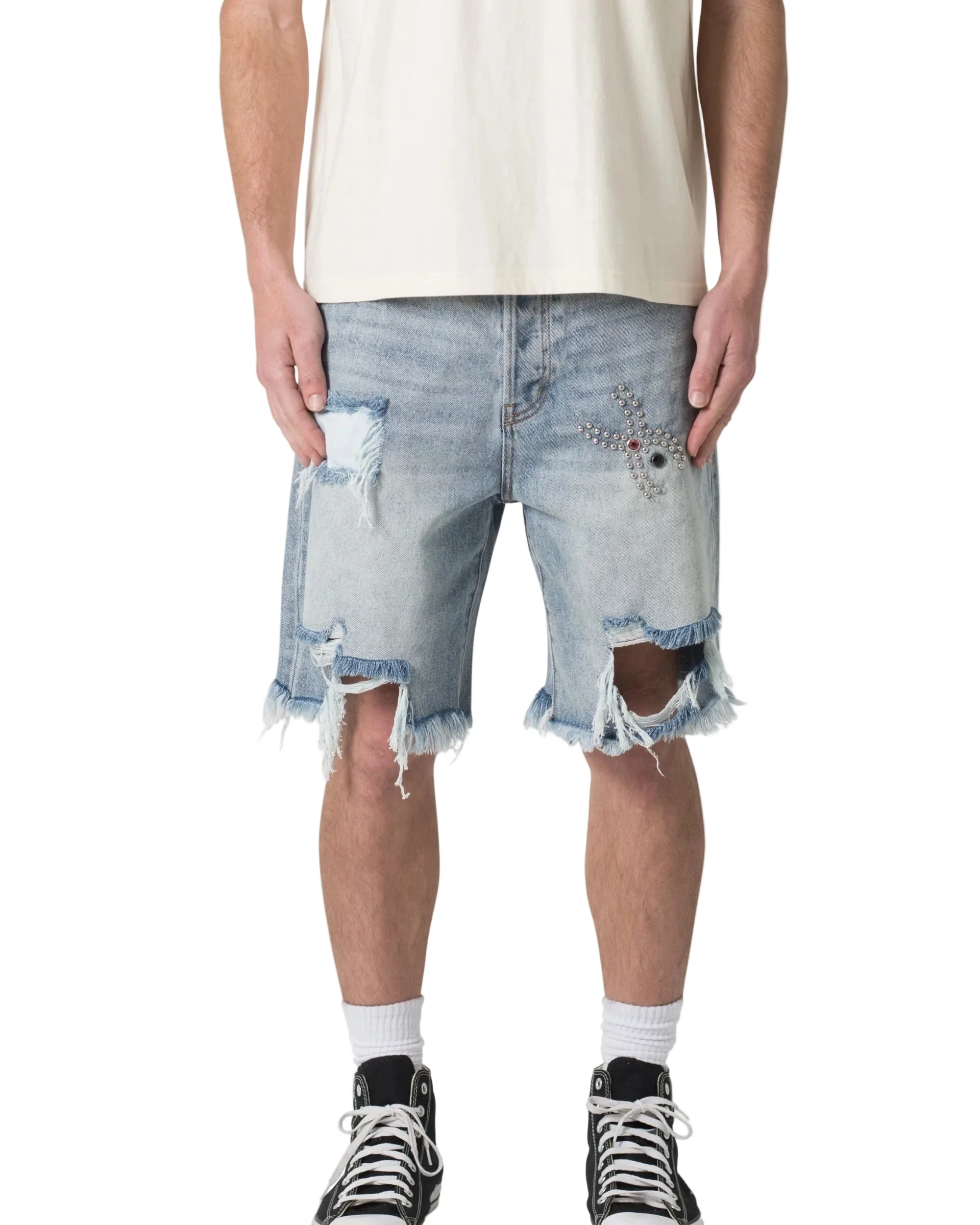 Distressed Spider Denim Shorts - Light Blue - Image 2
