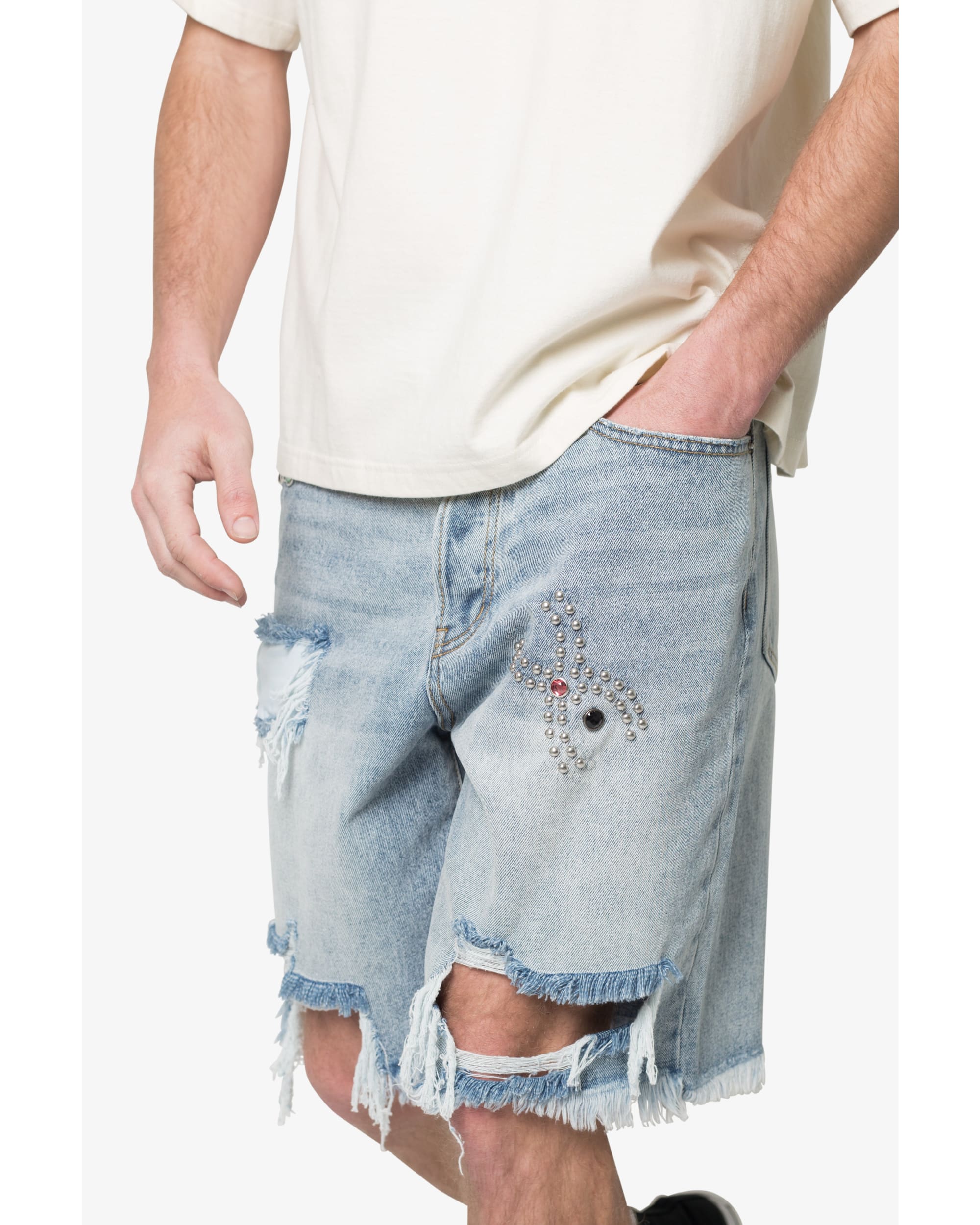 Distressed Spider Denim Shorts - Light Blue - Image 5