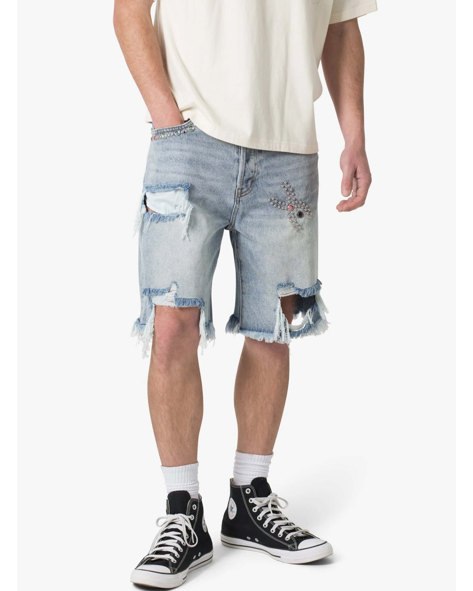 Distressed Spider Denim Shorts - Light Blue - Image 6