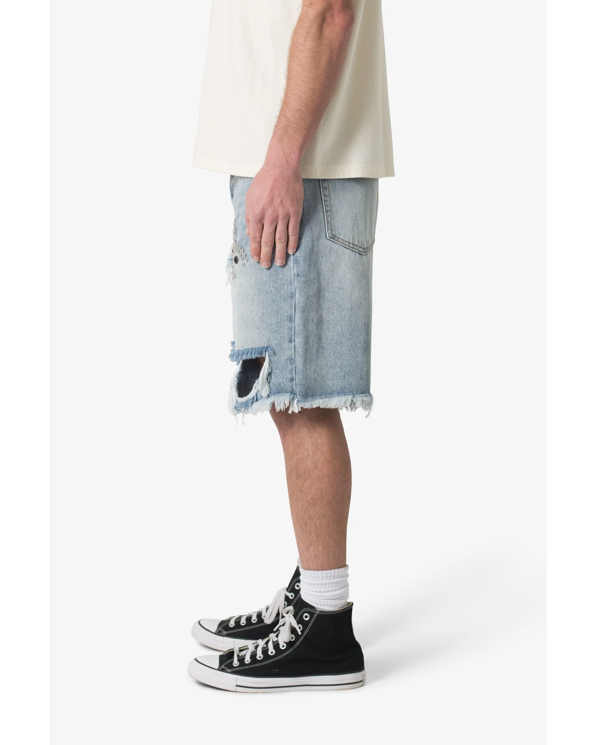 Distressed Spider Denim Shorts - Light Blue - Image 7