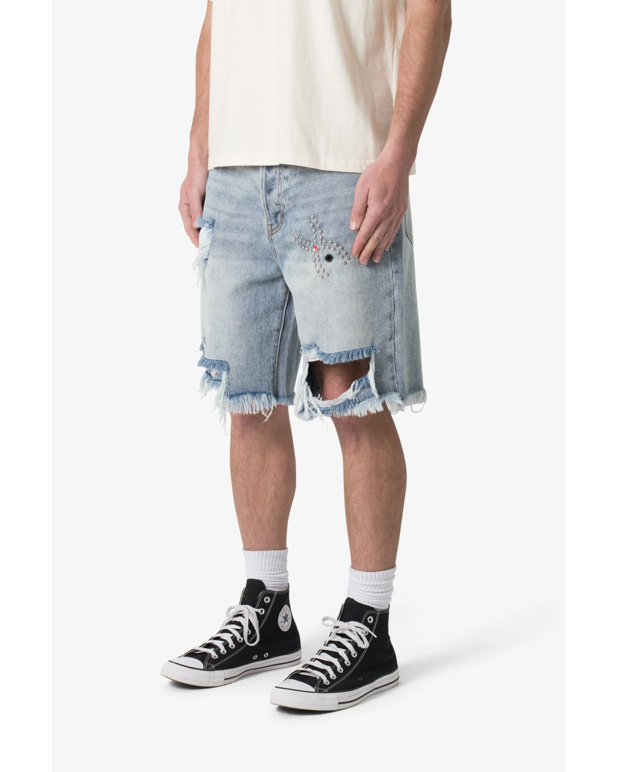 Distressed Spider Denim Shorts - Light Blue - Image 8