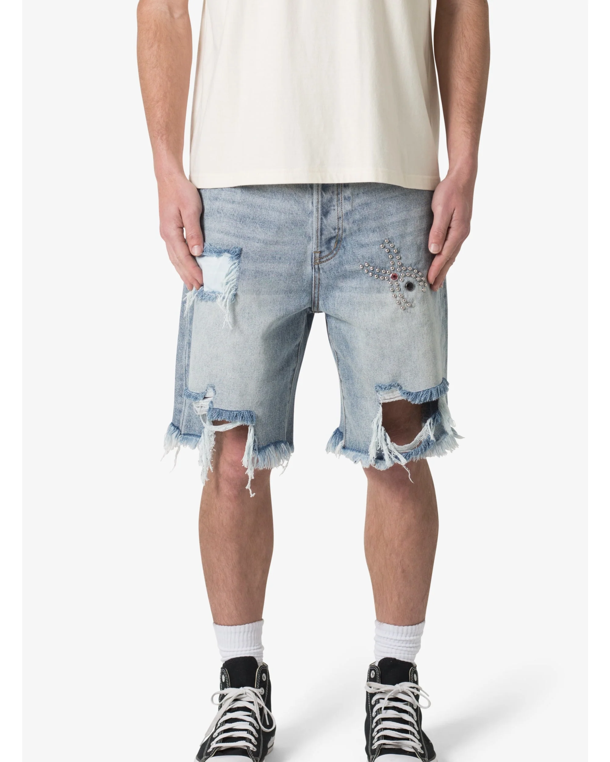 Distressed Spider Denim Shorts - Light Blue - Image 9
