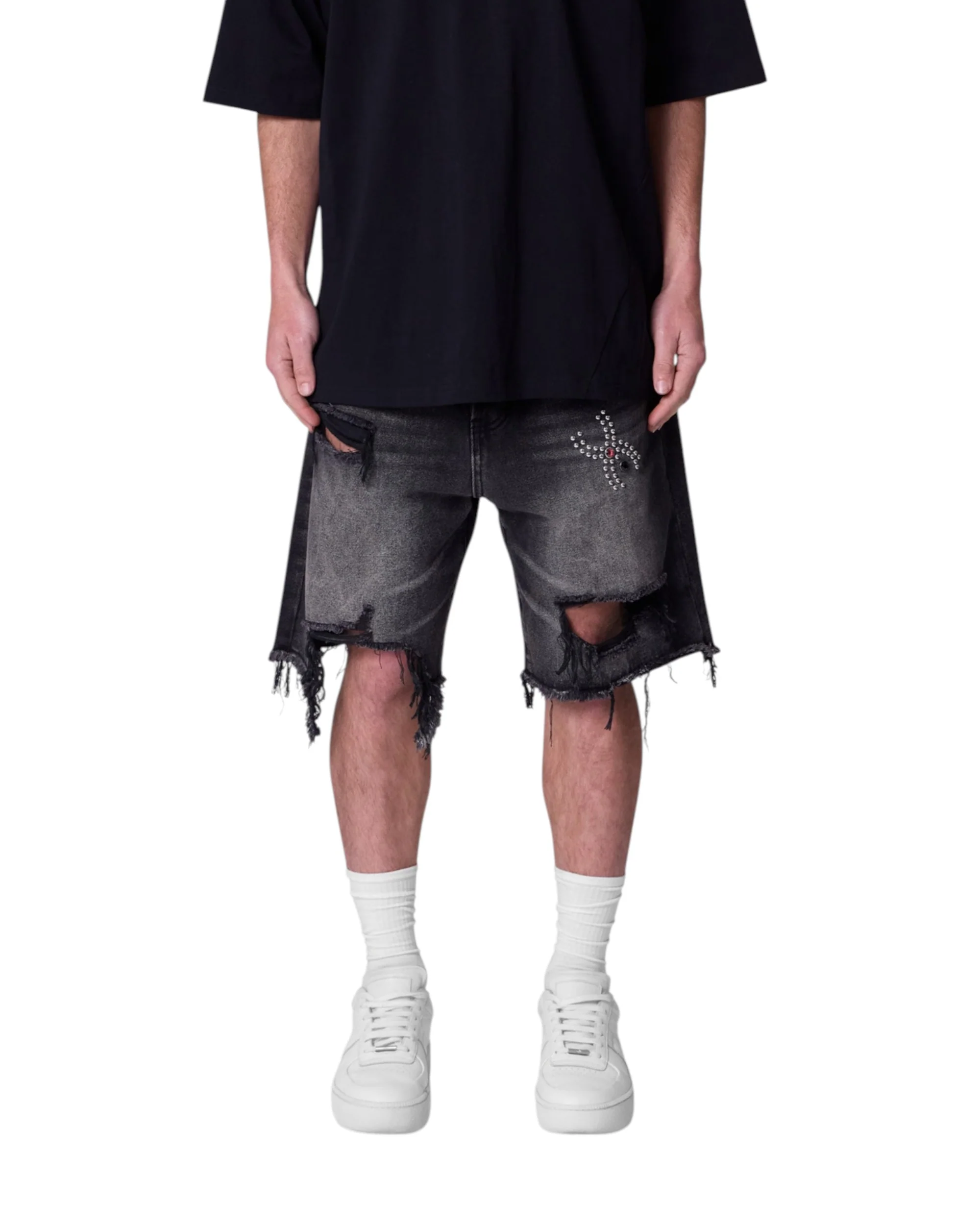 Distressed Spider Denim Shorts - Washed Black - Image 2