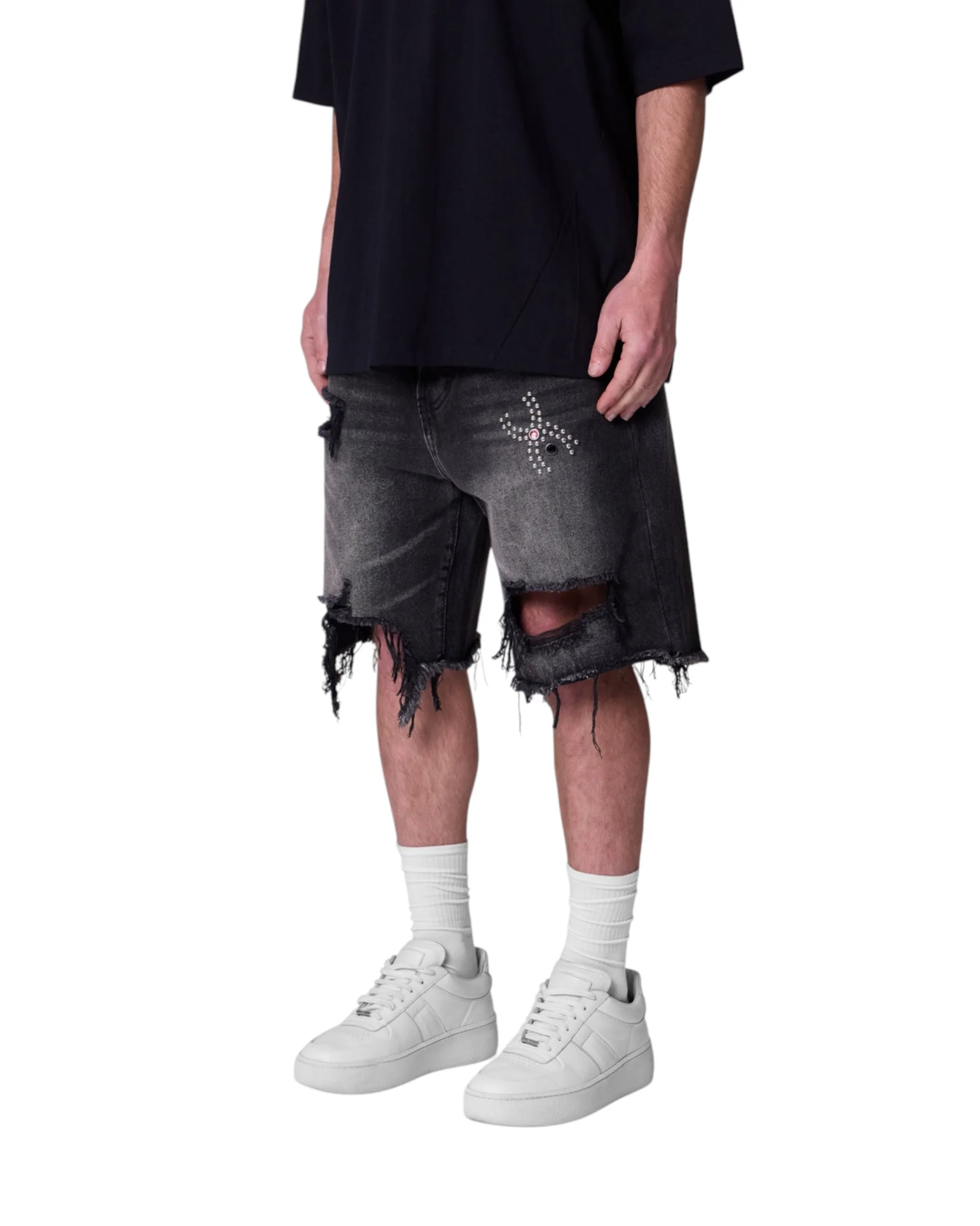 Distressed Spider Denim Shorts - Washed Black - Image 4