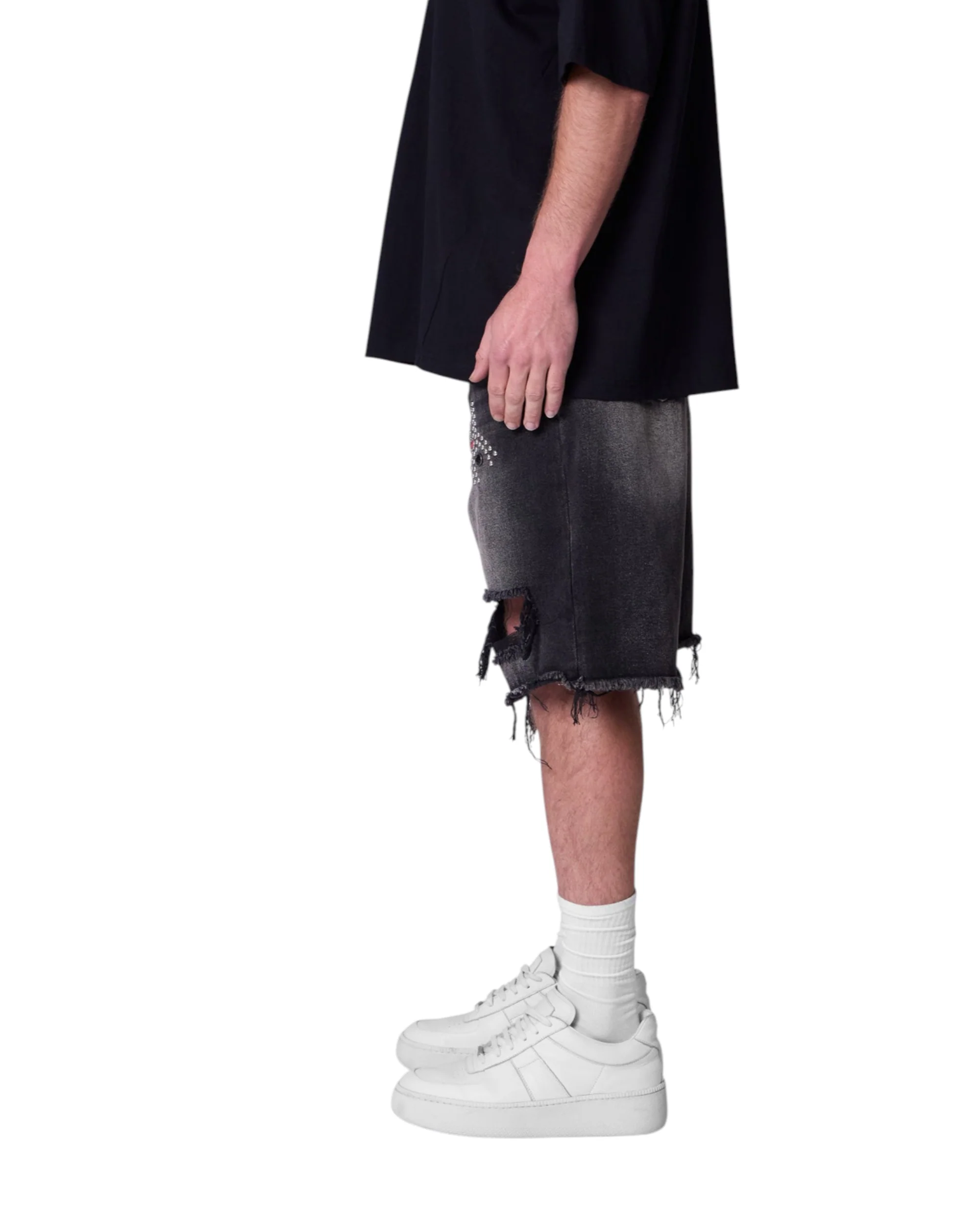 Distressed Spider Denim Shorts - Washed Black - Image 5