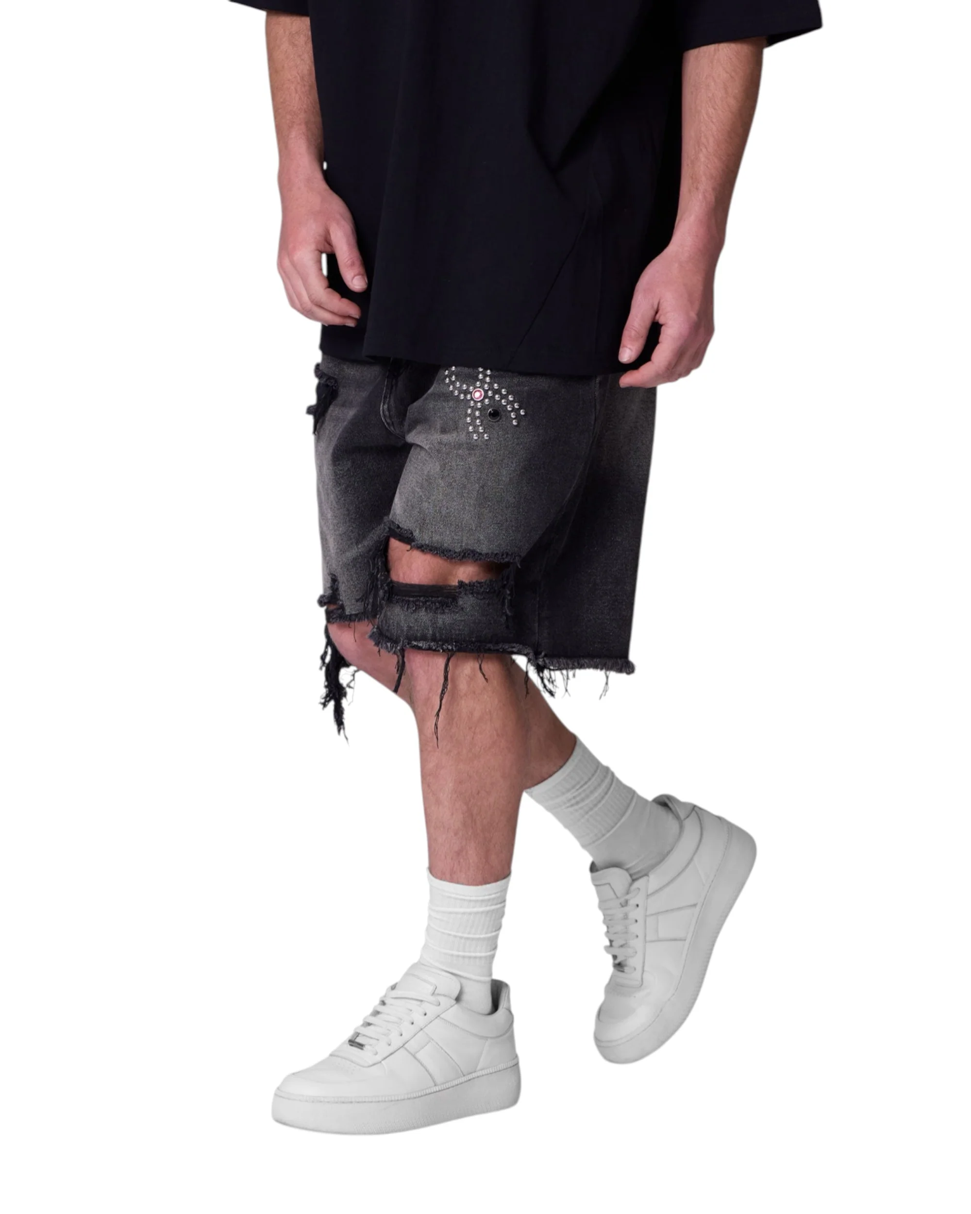 Distressed Spider Denim Shorts - Washed Black - Image 7