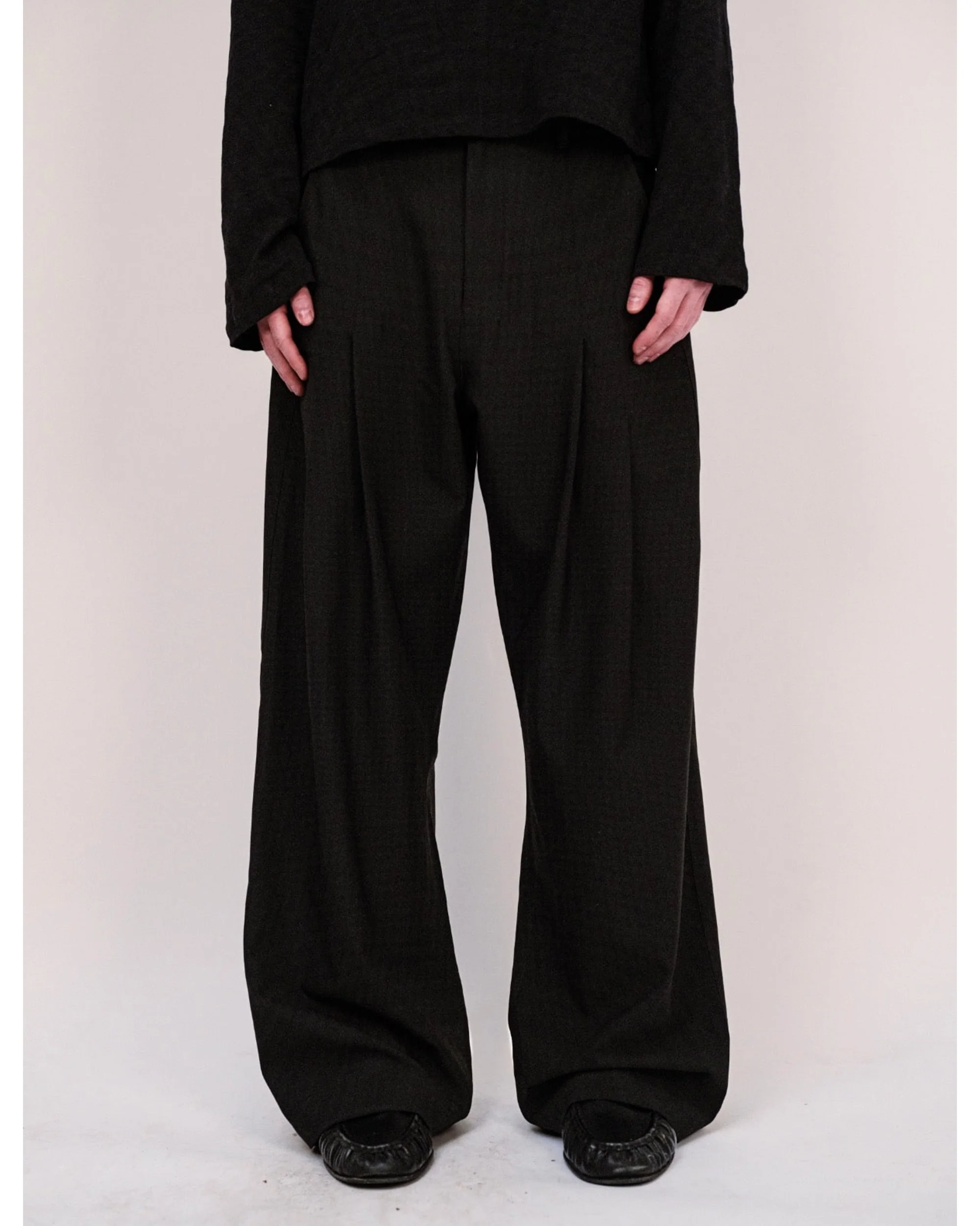 Double Pleated Wide Leg Trousers - Black - Image 2