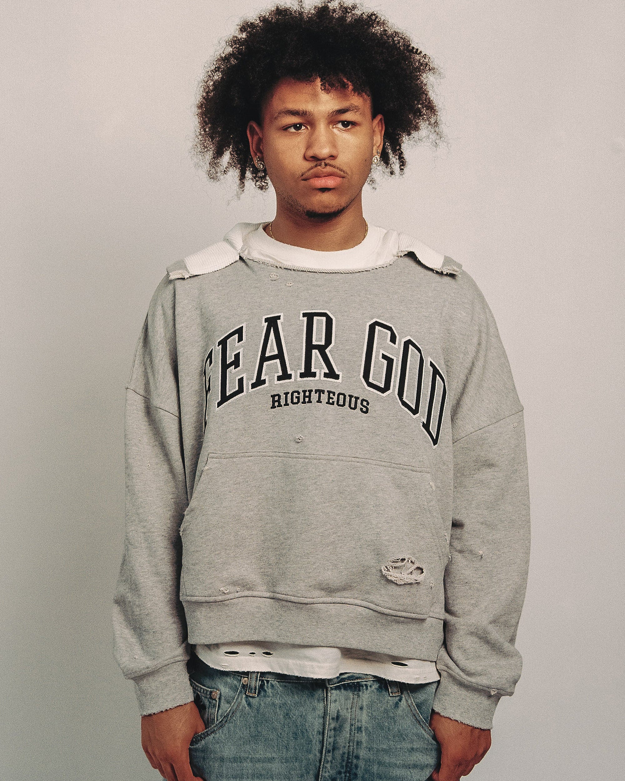 "Fear God" Distressed Cropped Hoodie - Image 2