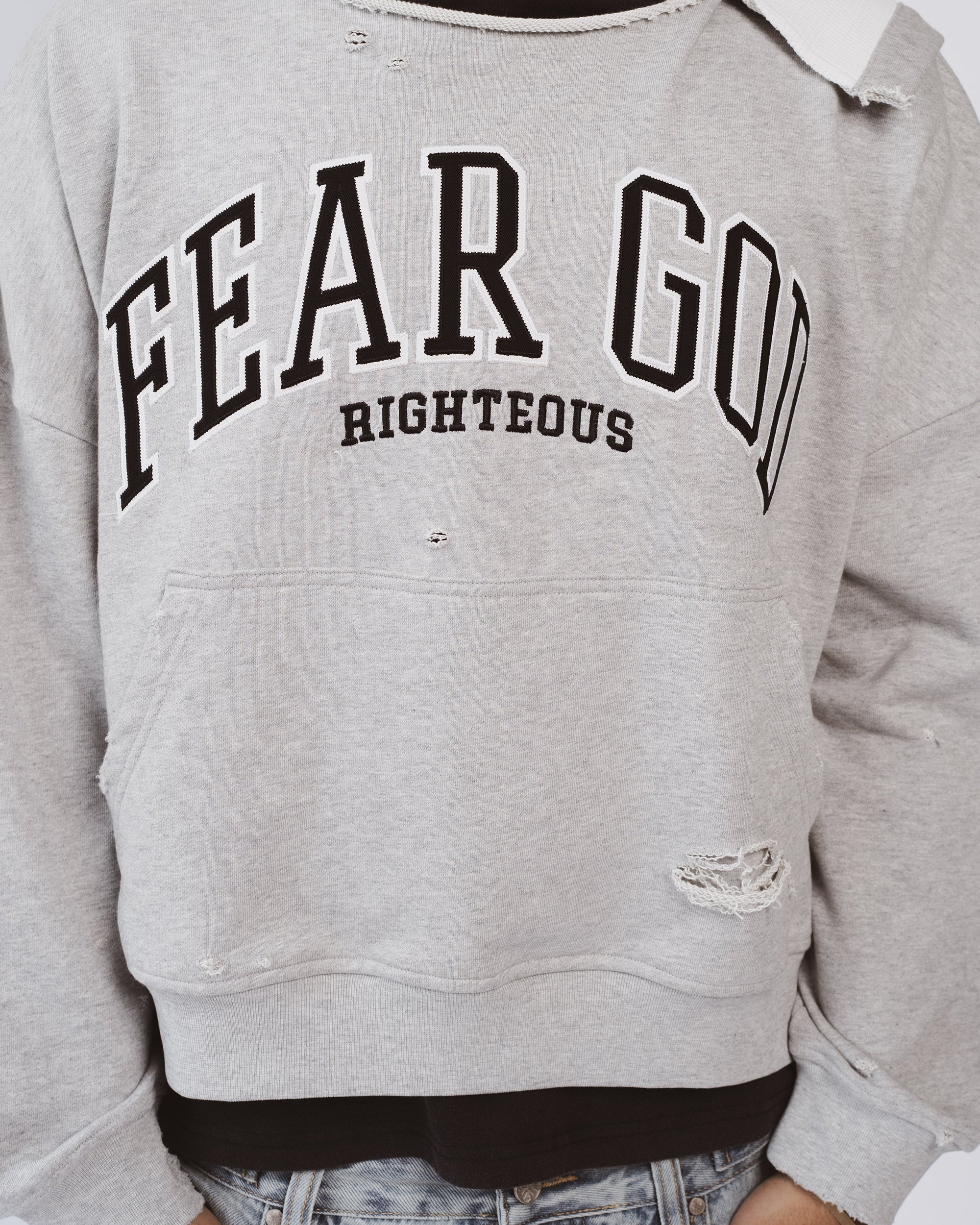 "Fear God" Distressed Cropped Hoodie - Image 6