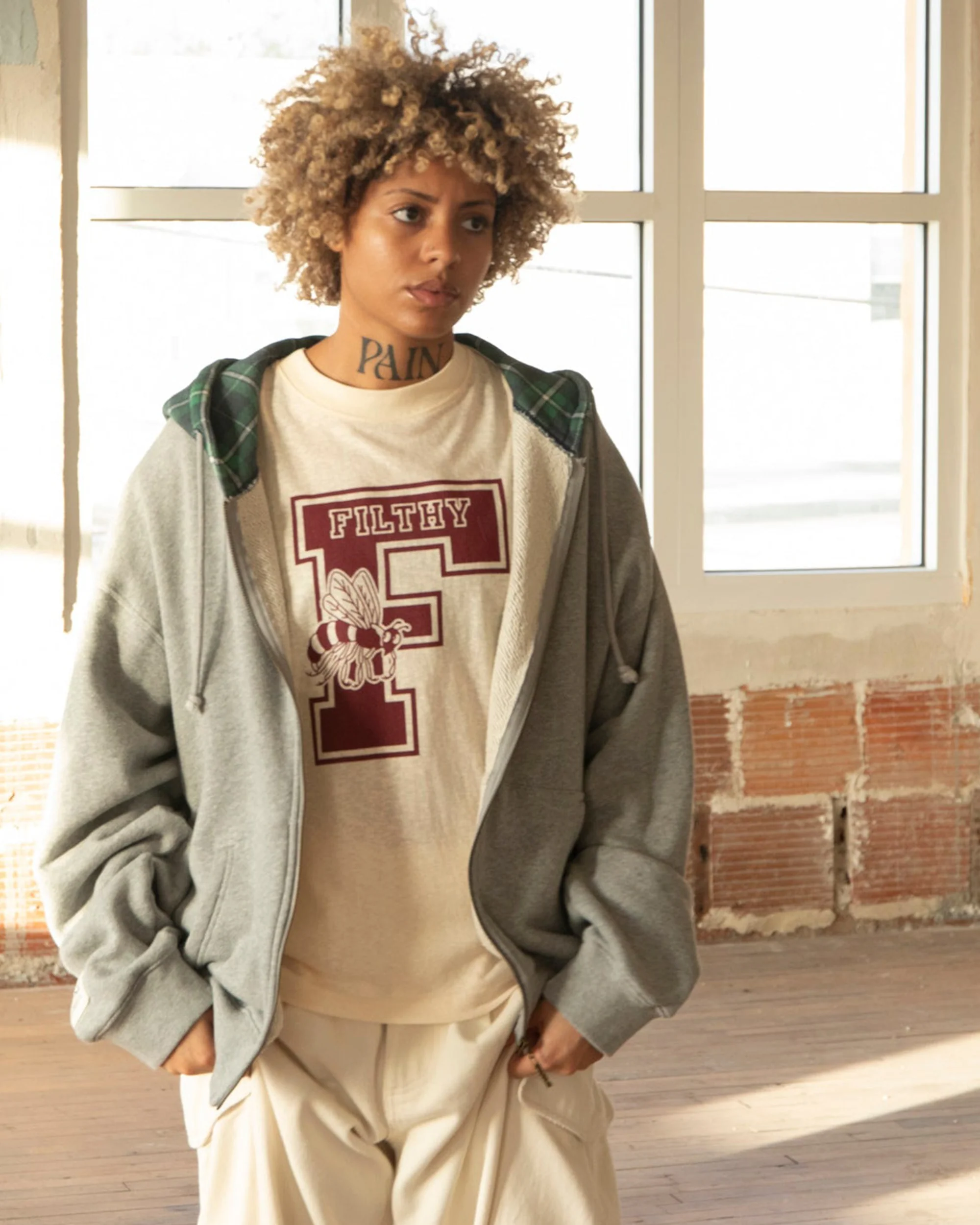 filthy french terry plaid hooded zip-up (grey) - Image 2