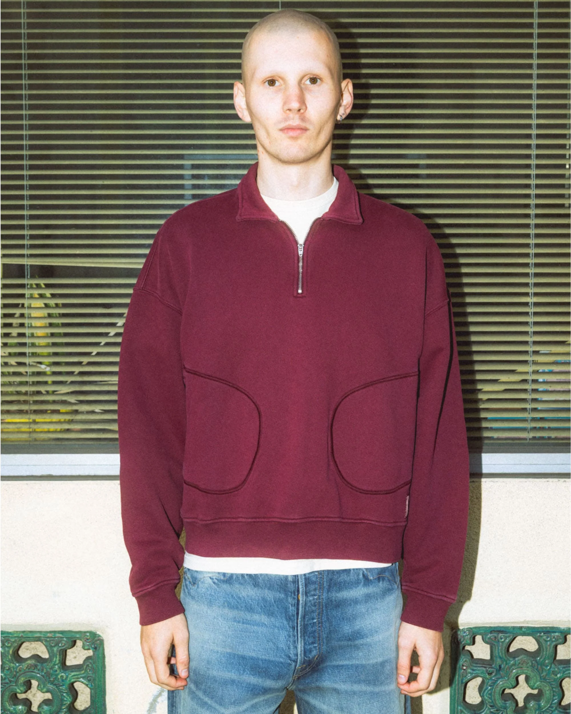 Half Zip Collared Sweatshirt - Wine - Image 3
