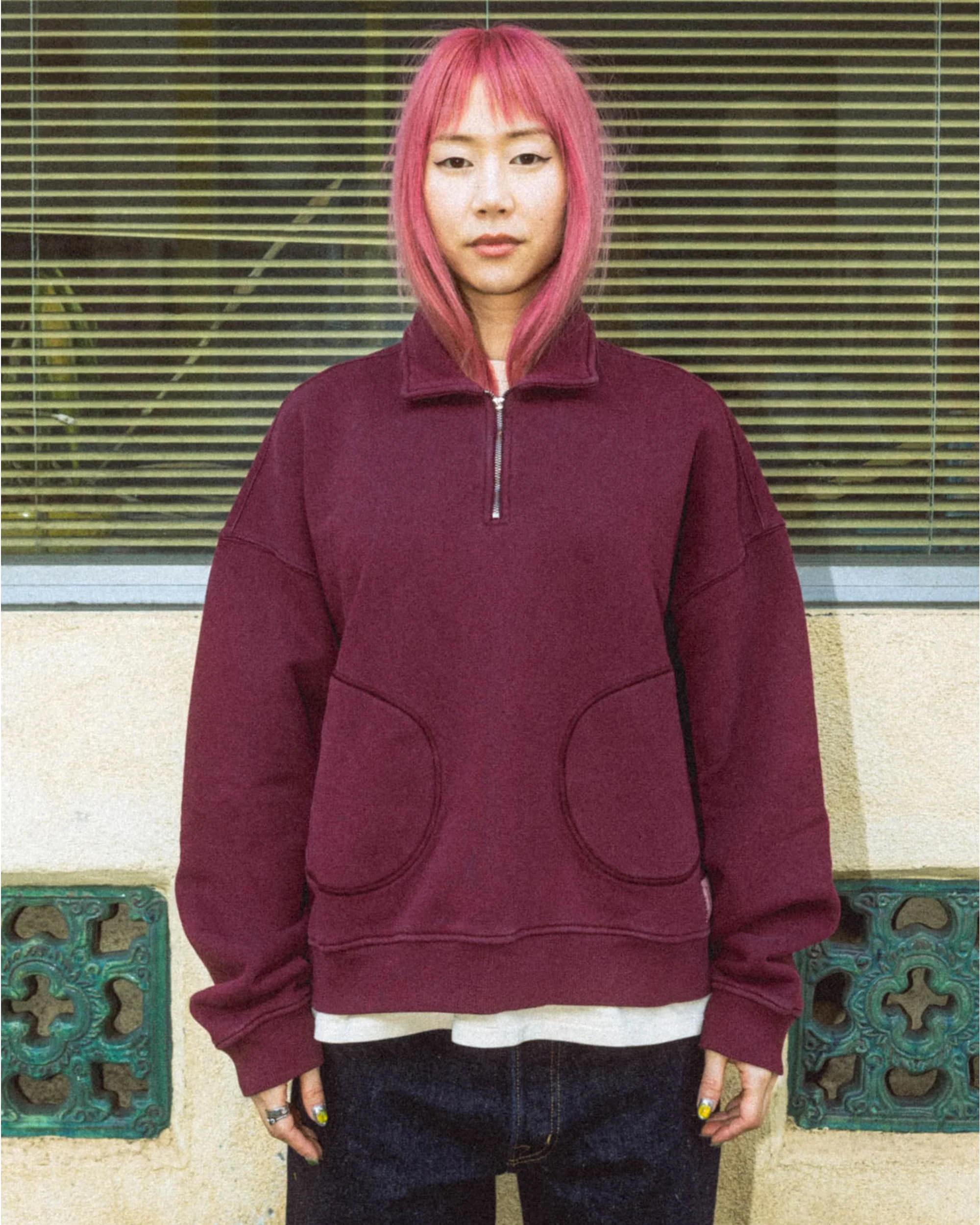 Half Zip Collared Sweatshirt - Wine - Image 5
