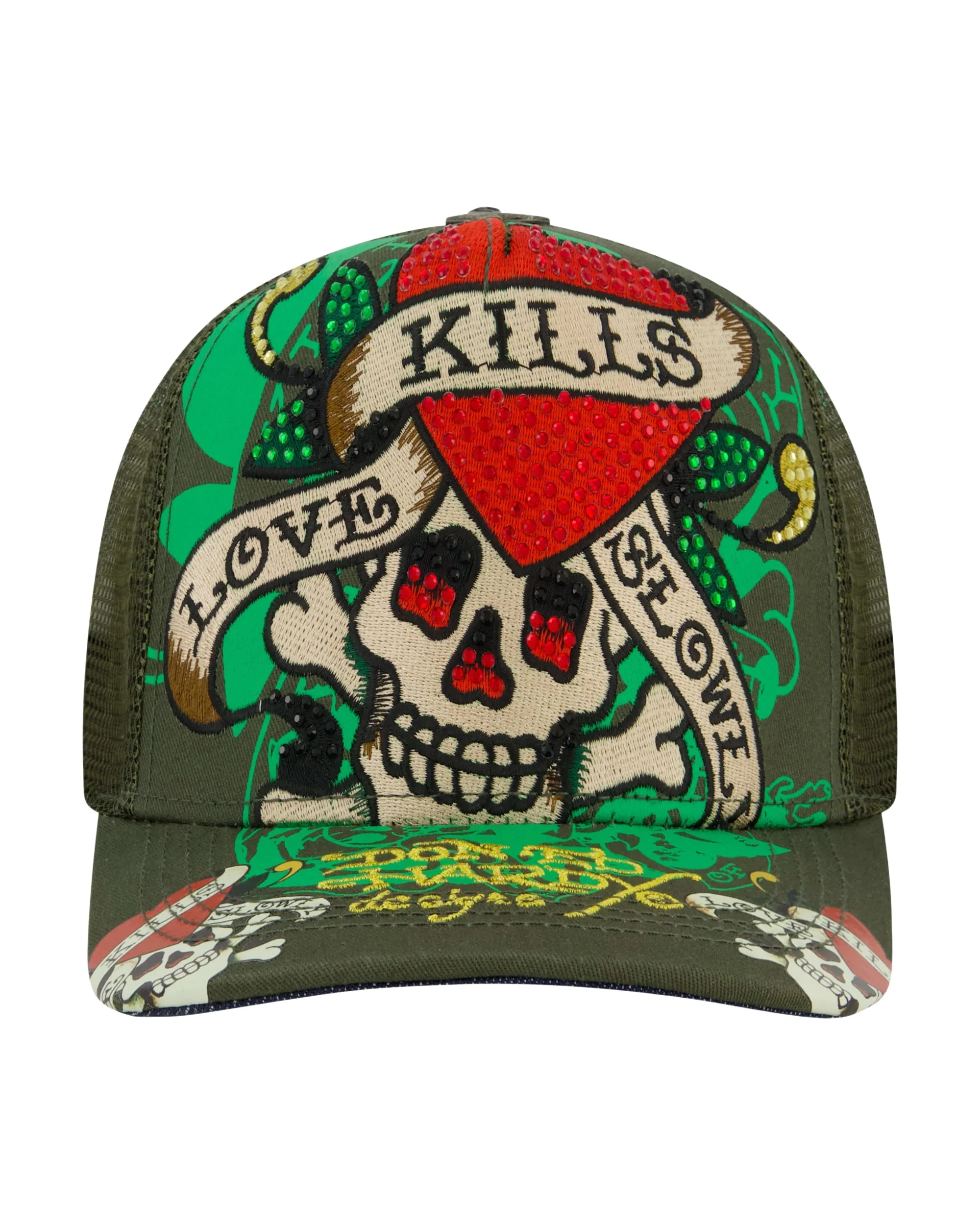 LKS Skull Rhinestone Trucker Hat - Olive