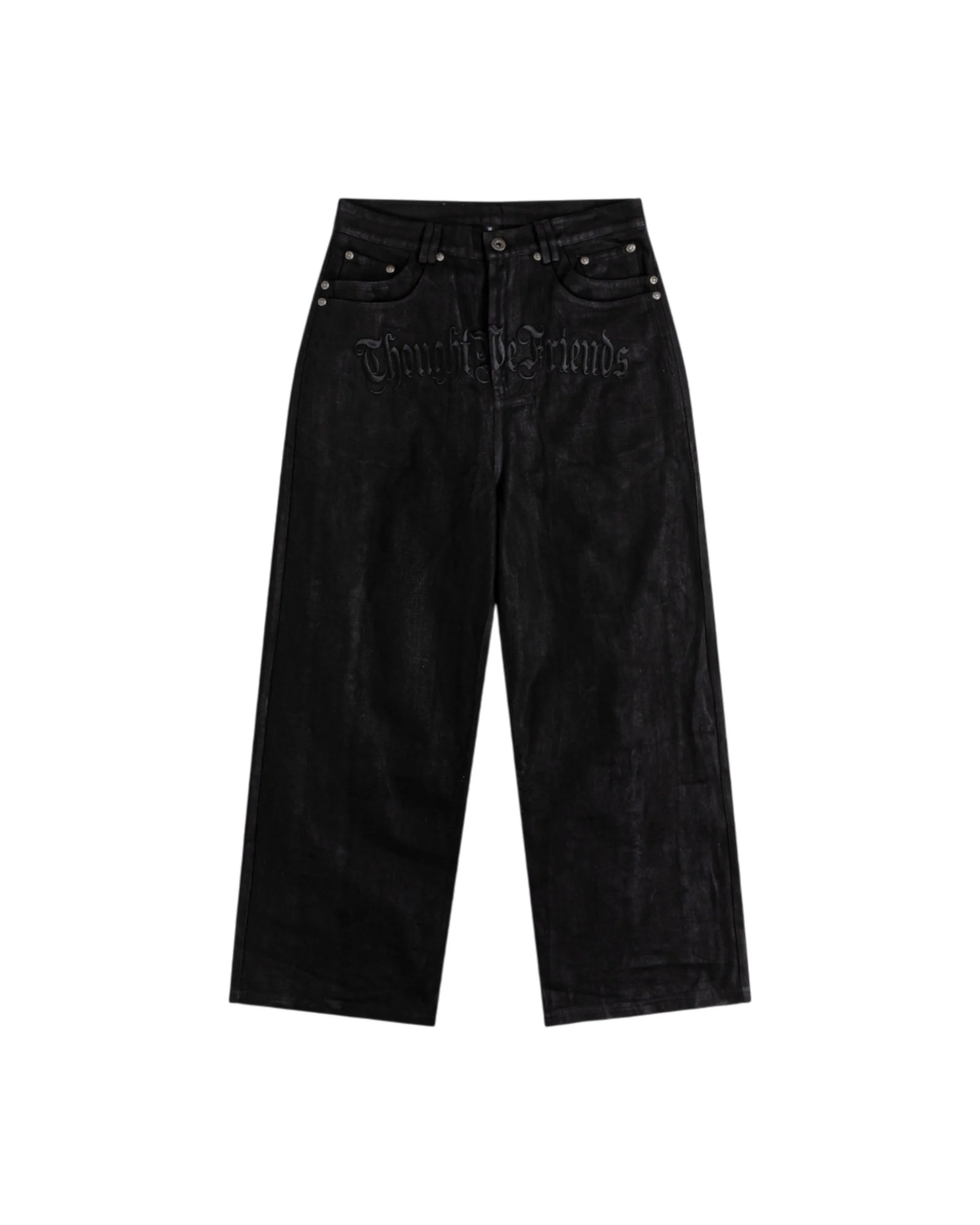 Lucius Embroidered Waxed Baggy Denims in Black
