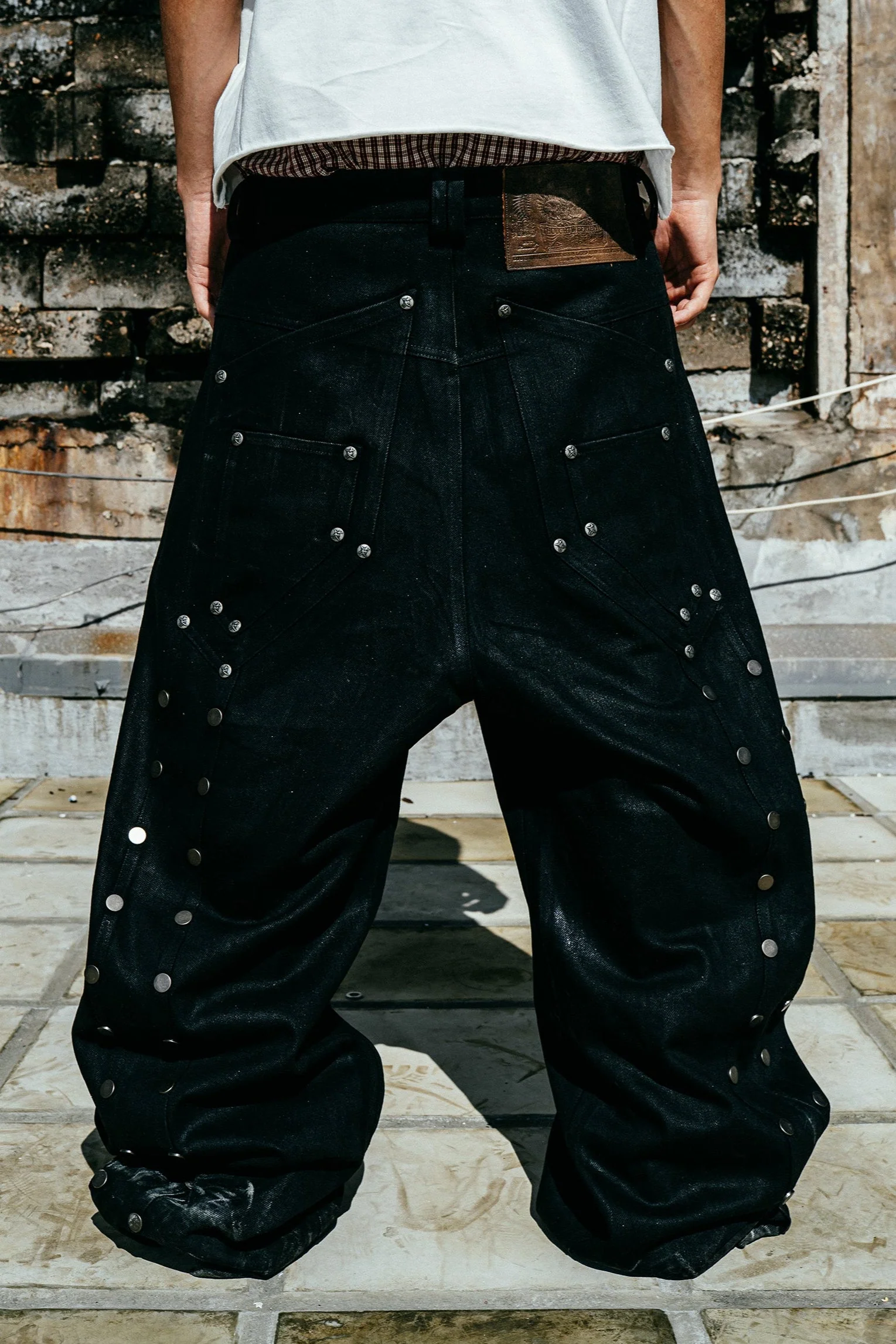 Lucius Embroidered Waxed Baggy Denims in Black - Image 10