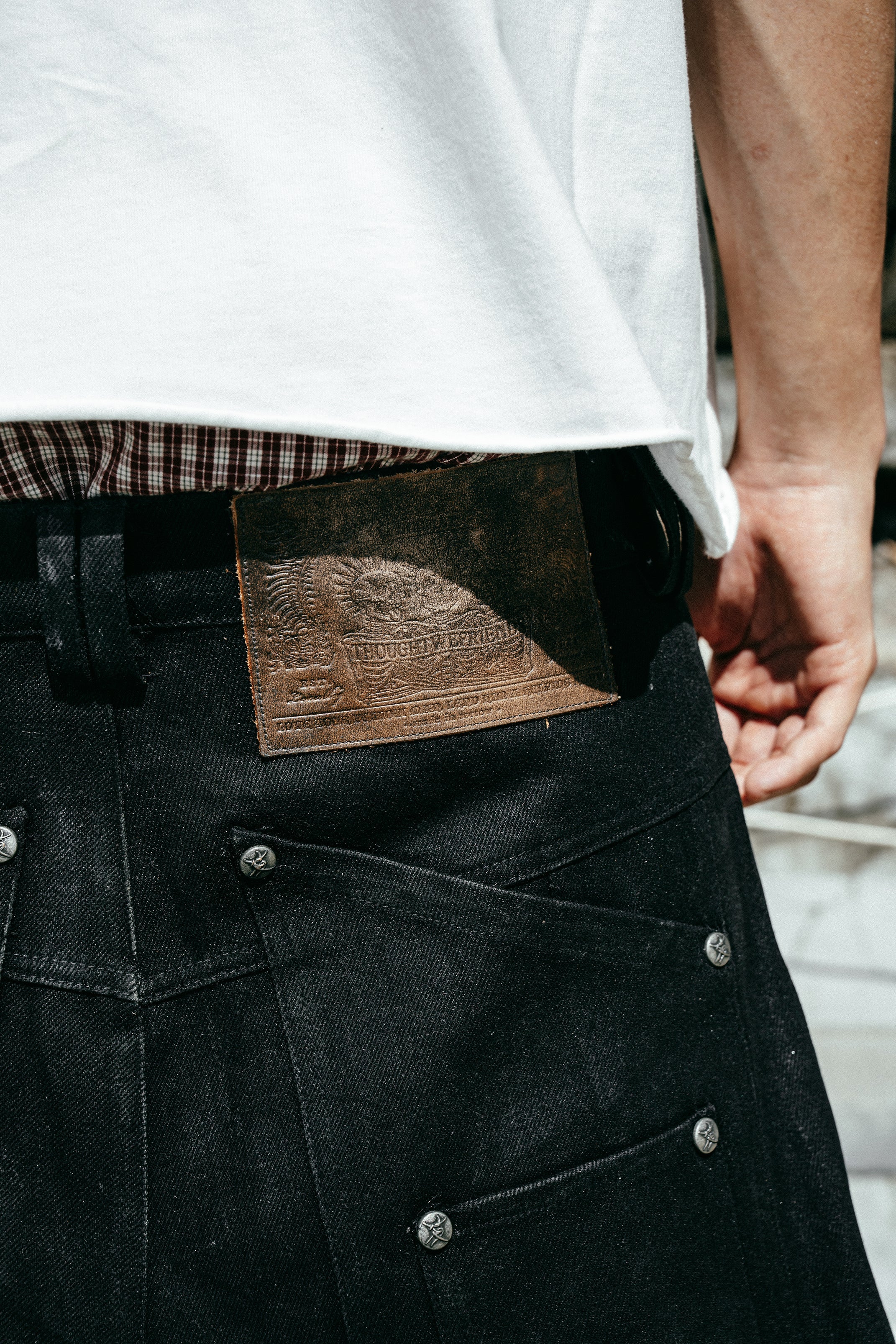 Lucius Embroidered Waxed Baggy Denims in Black - Image 12