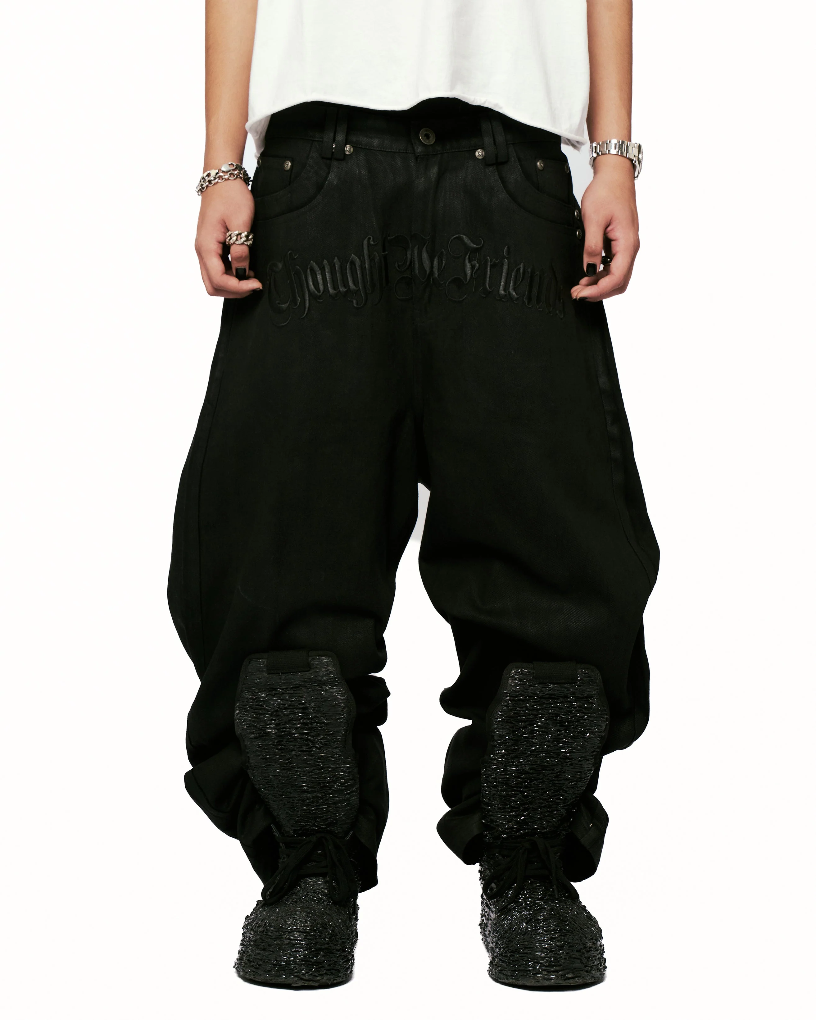 Lucius Embroidered Waxed Baggy Denims in Black - Image 15