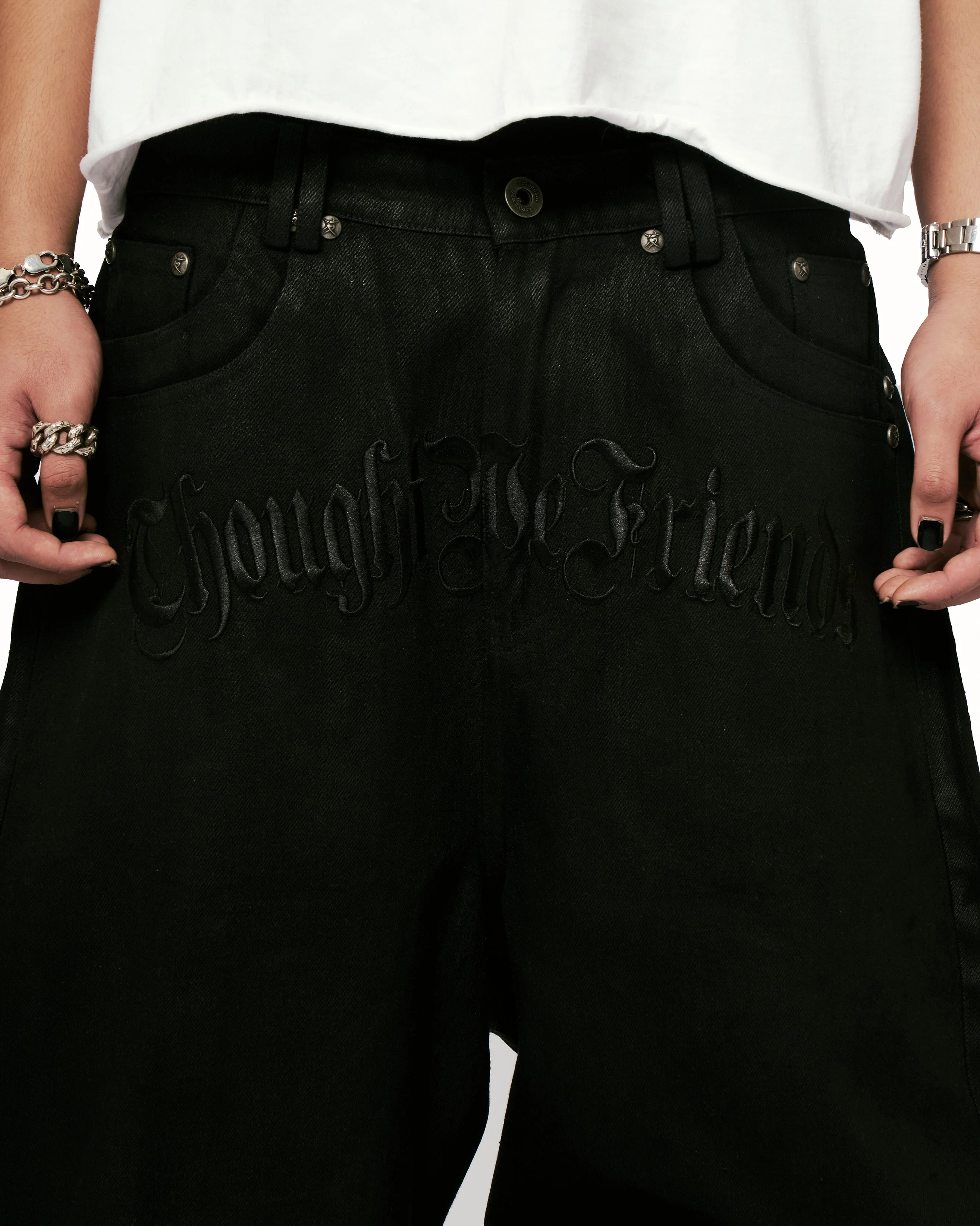 Lucius Embroidered Waxed Baggy Denims in Black - Image 20