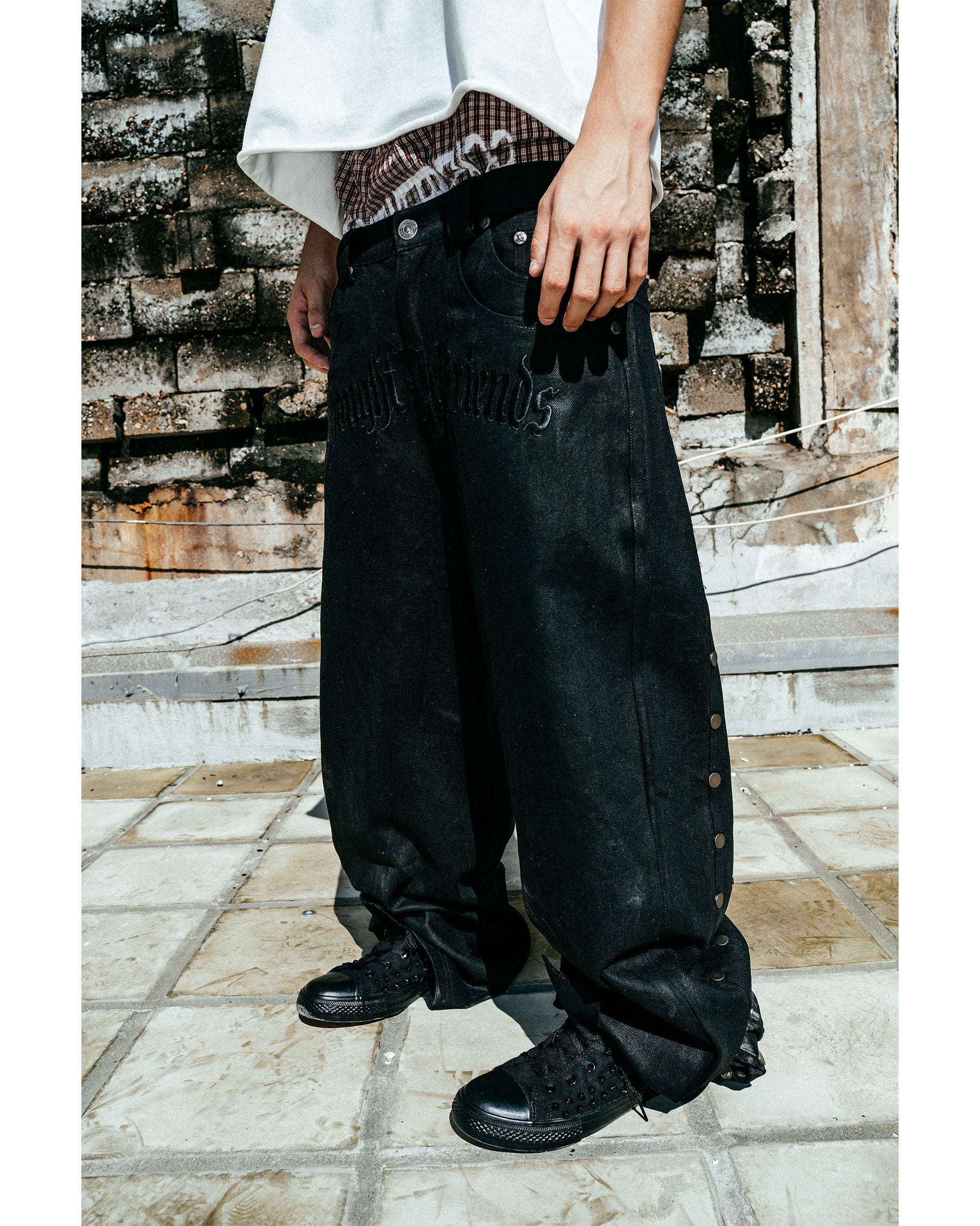 Lucius Embroidered Waxed Baggy Denims in Black - Image 4