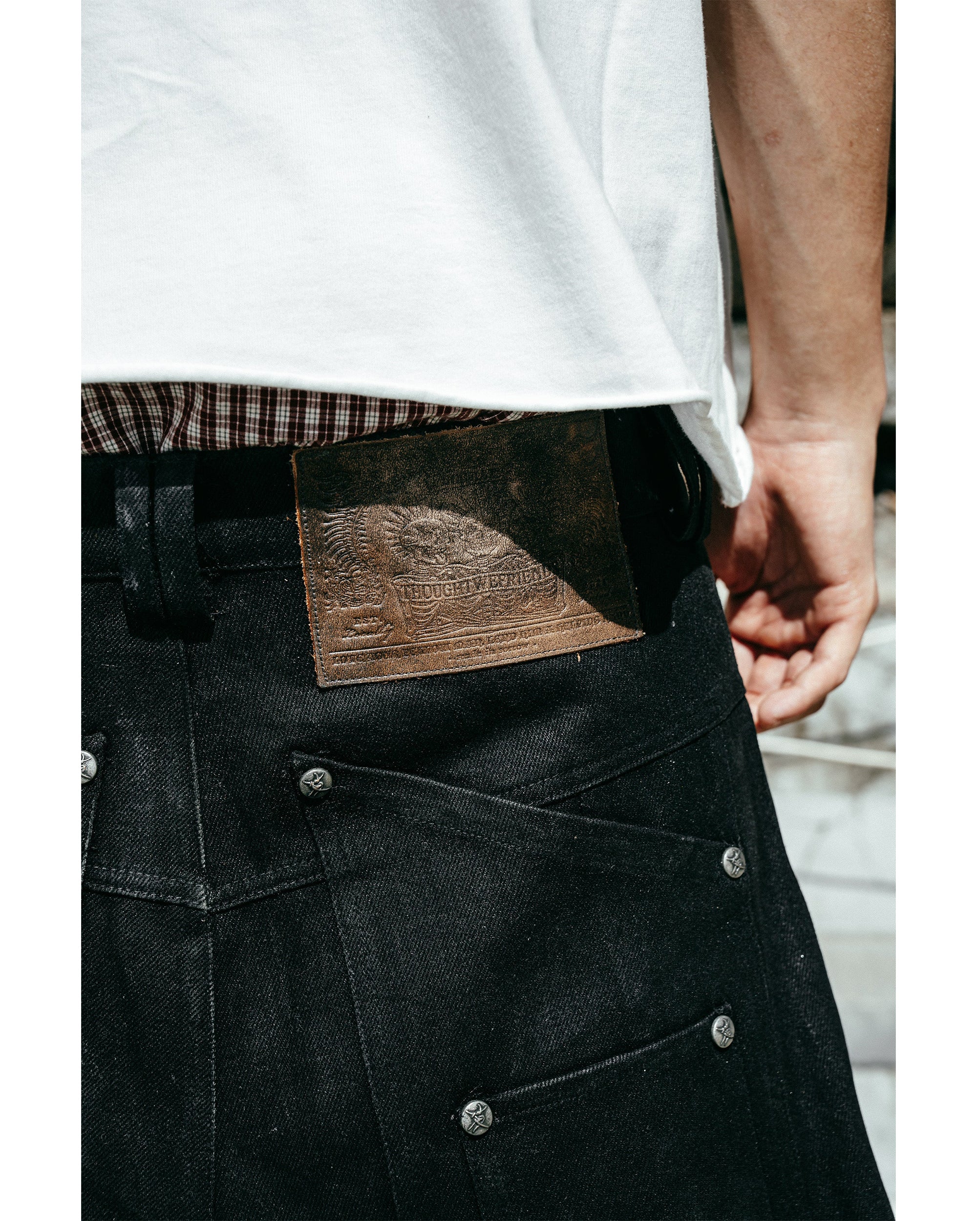 Lucius Embroidered Waxed Baggy Denims in Black - Image 5