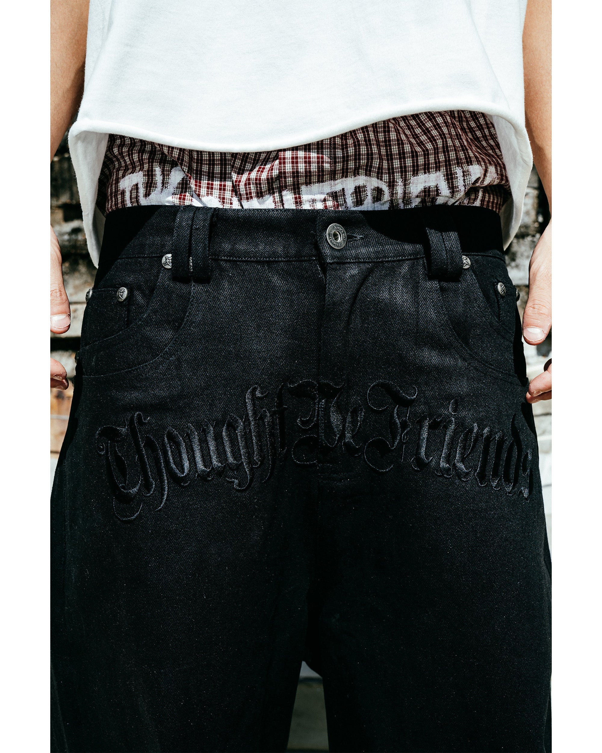 Lucius Embroidered Waxed Baggy Denims in Black - Image 6