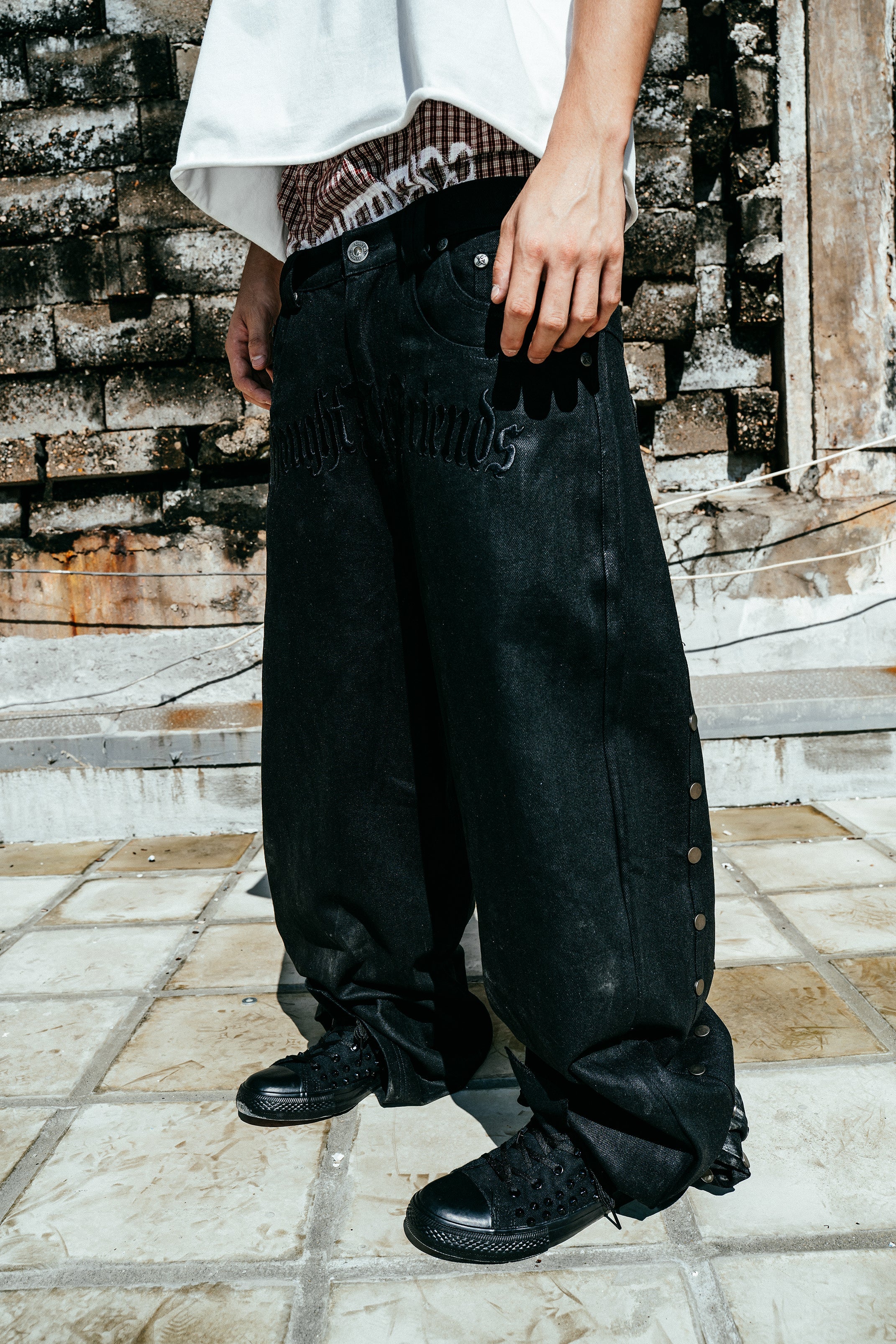 Lucius Embroidered Waxed Baggy Denims in Black - Image 9