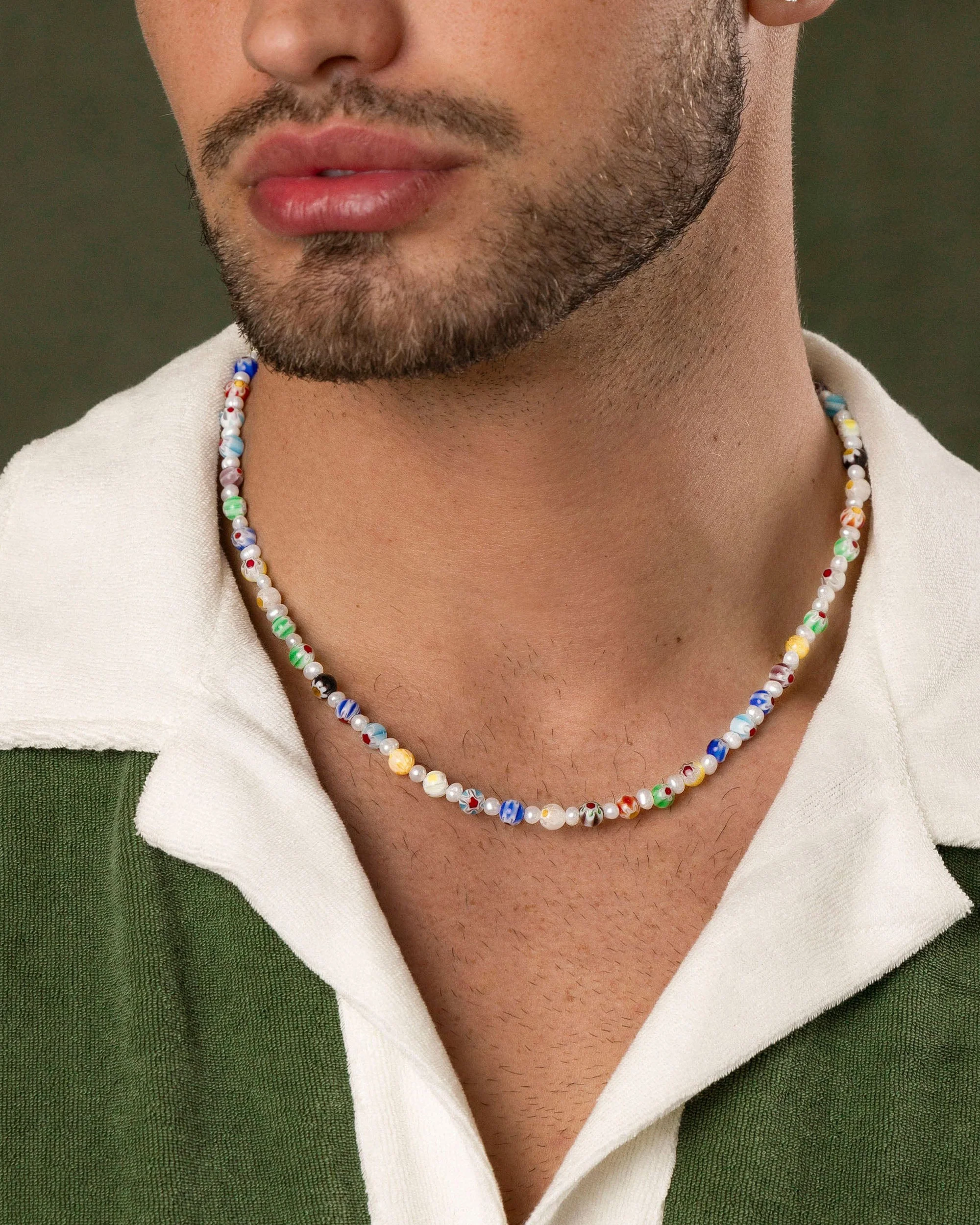 Men's Pearl Necklace with Hand-Painted Glass Beads - Image 6