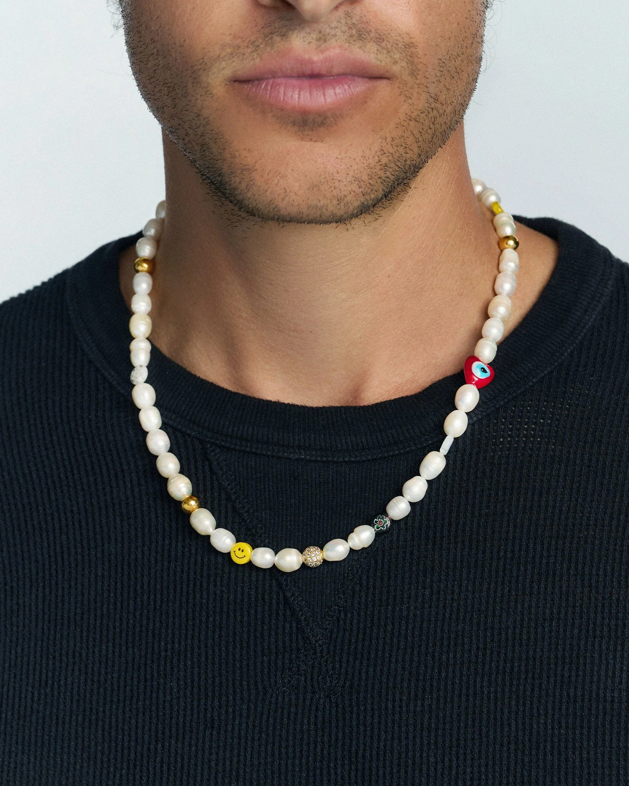 Men's Smiley Face Pearl Necklace with Assorted Beads - Image 10