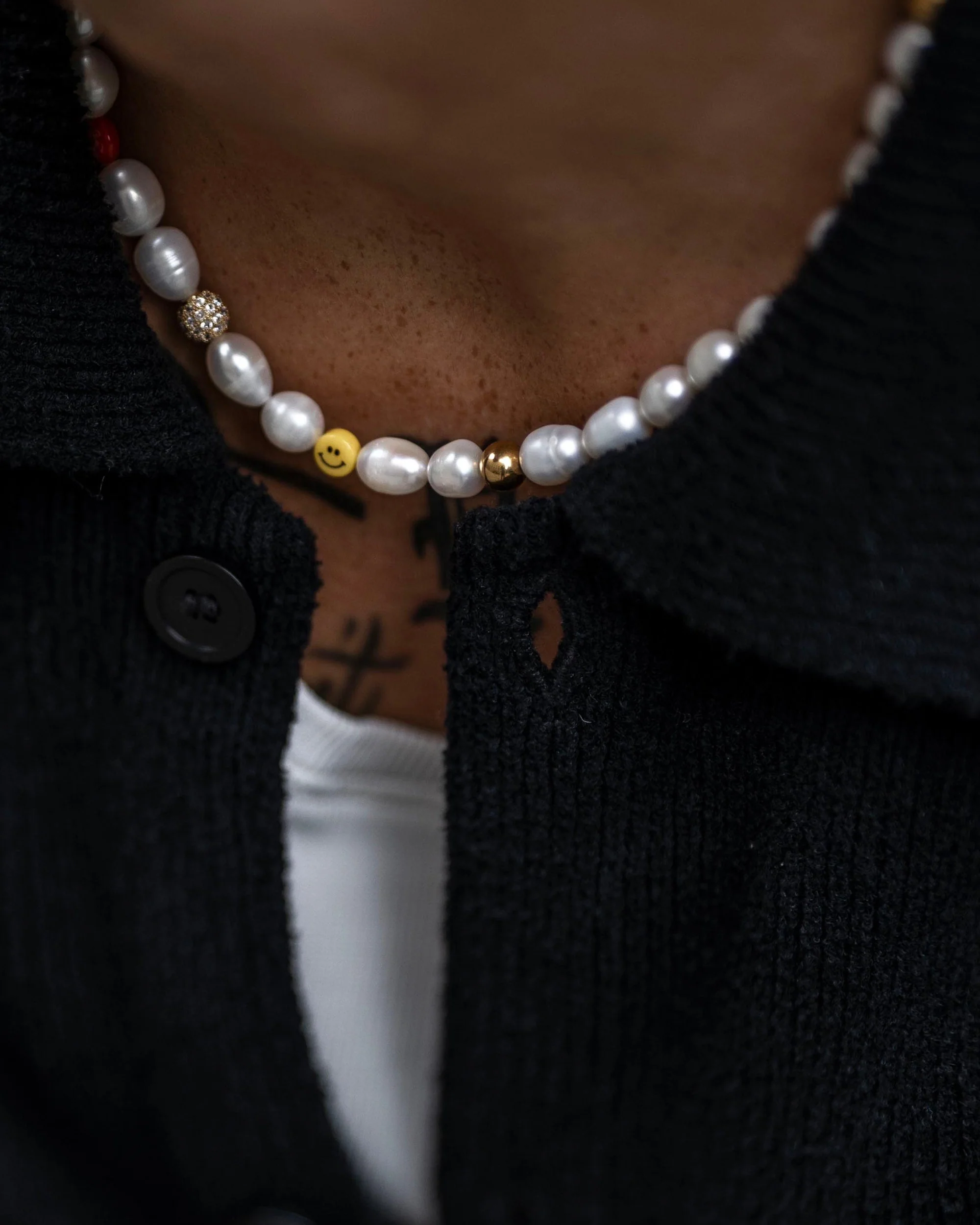 Men's Smiley Face Pearl Necklace with Assorted Beads - Image 6