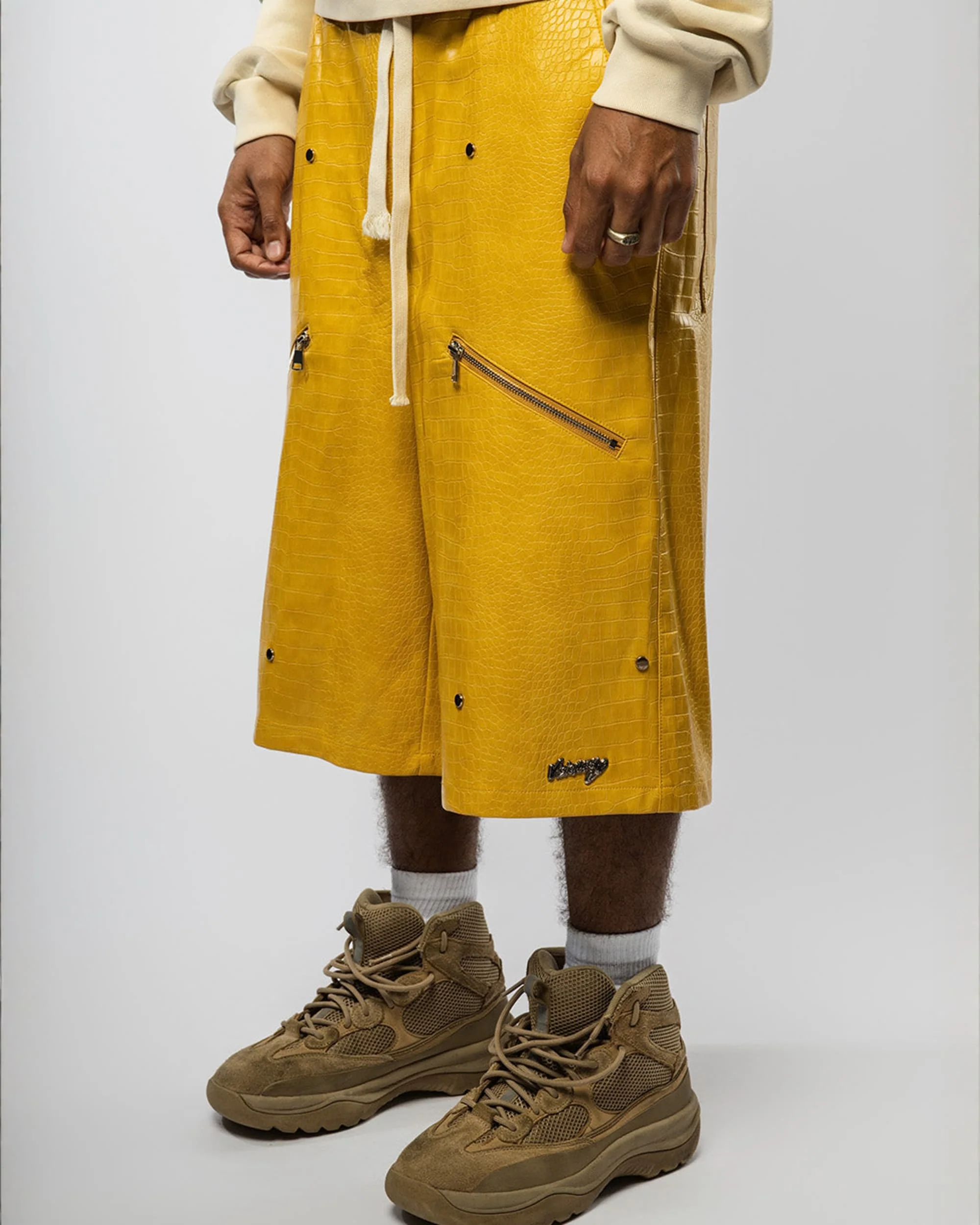 "NIGHT CRAWLER " BAGGY LEATHER SHORTS (YELLOW) - Image 3
