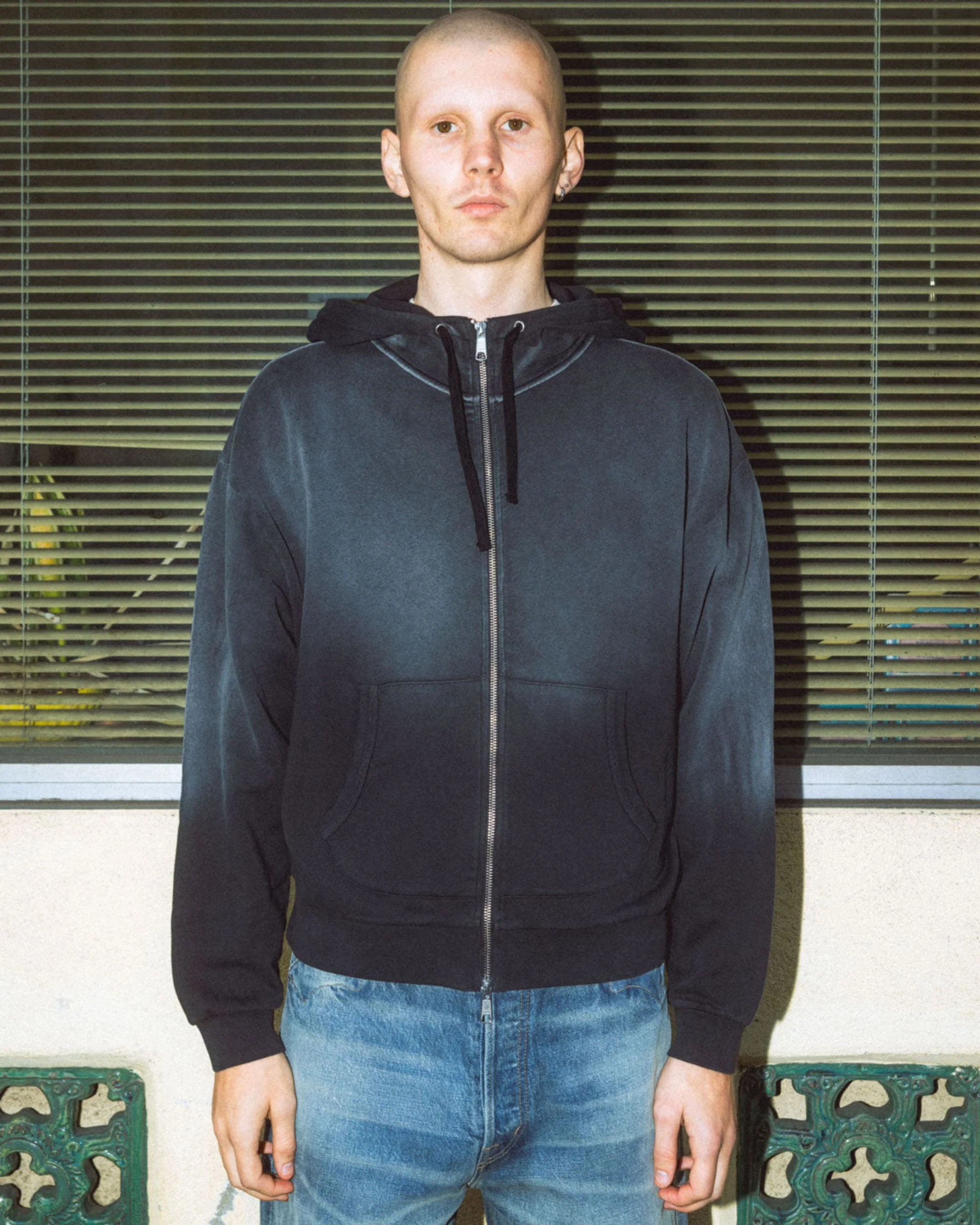 Padded Elbow Zip-Up Hoodie - Washed Black - Image 3