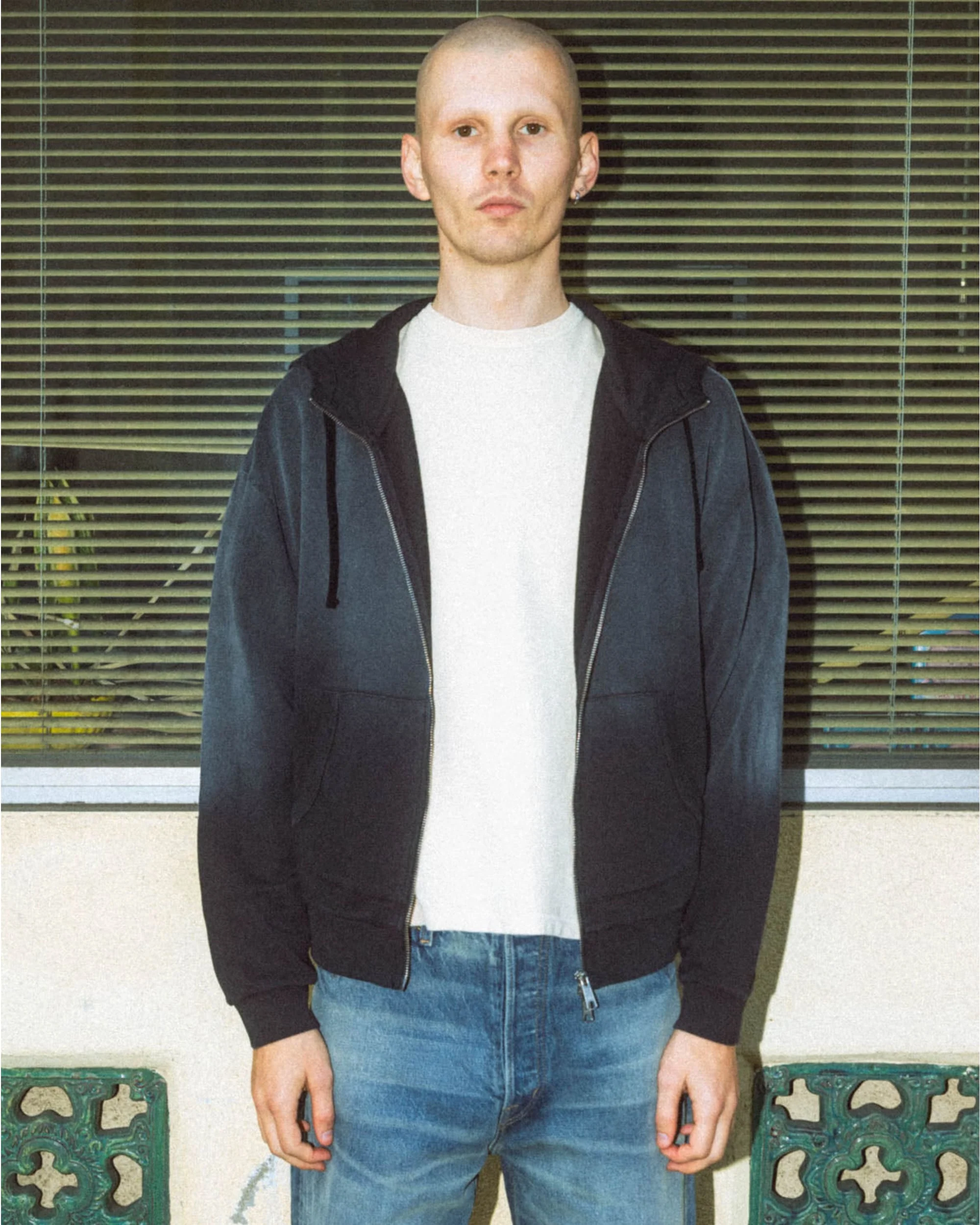Padded Elbow Zip-Up Hoodie - Washed Black - Image 4