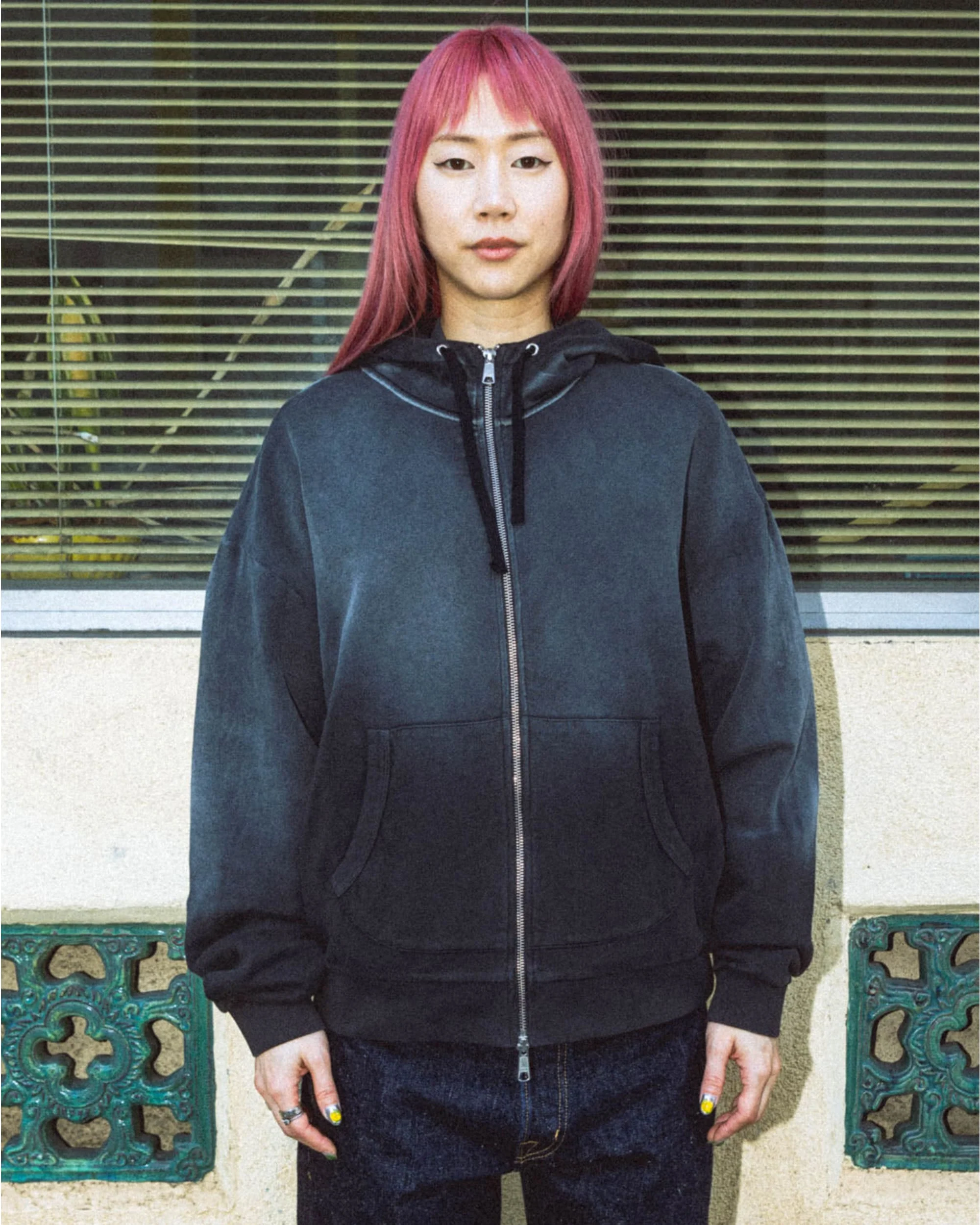 Padded Elbow Zip-Up Hoodie - Washed Black - Image 6