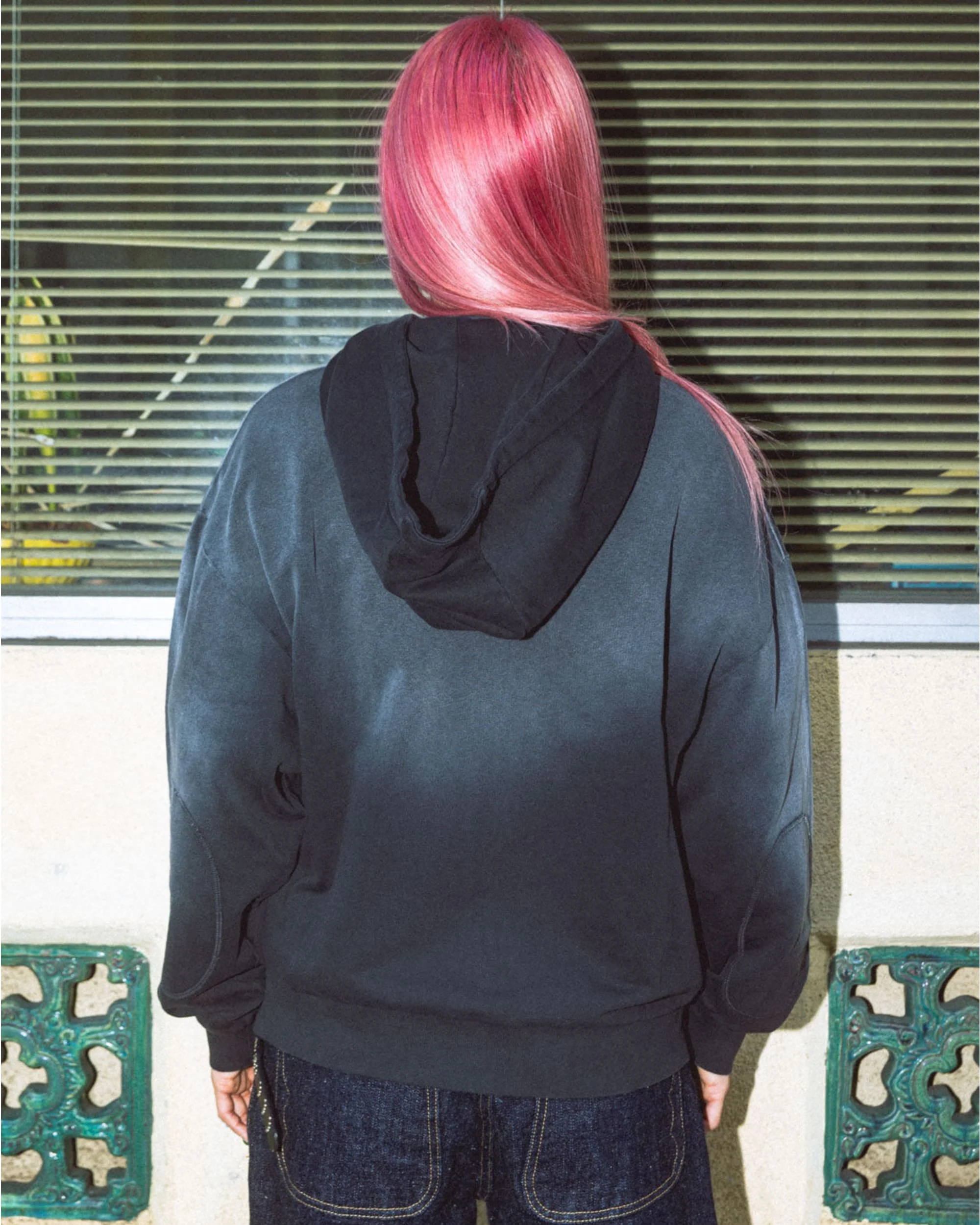Padded Elbow Zip-Up Hoodie - Washed Black - Image 7