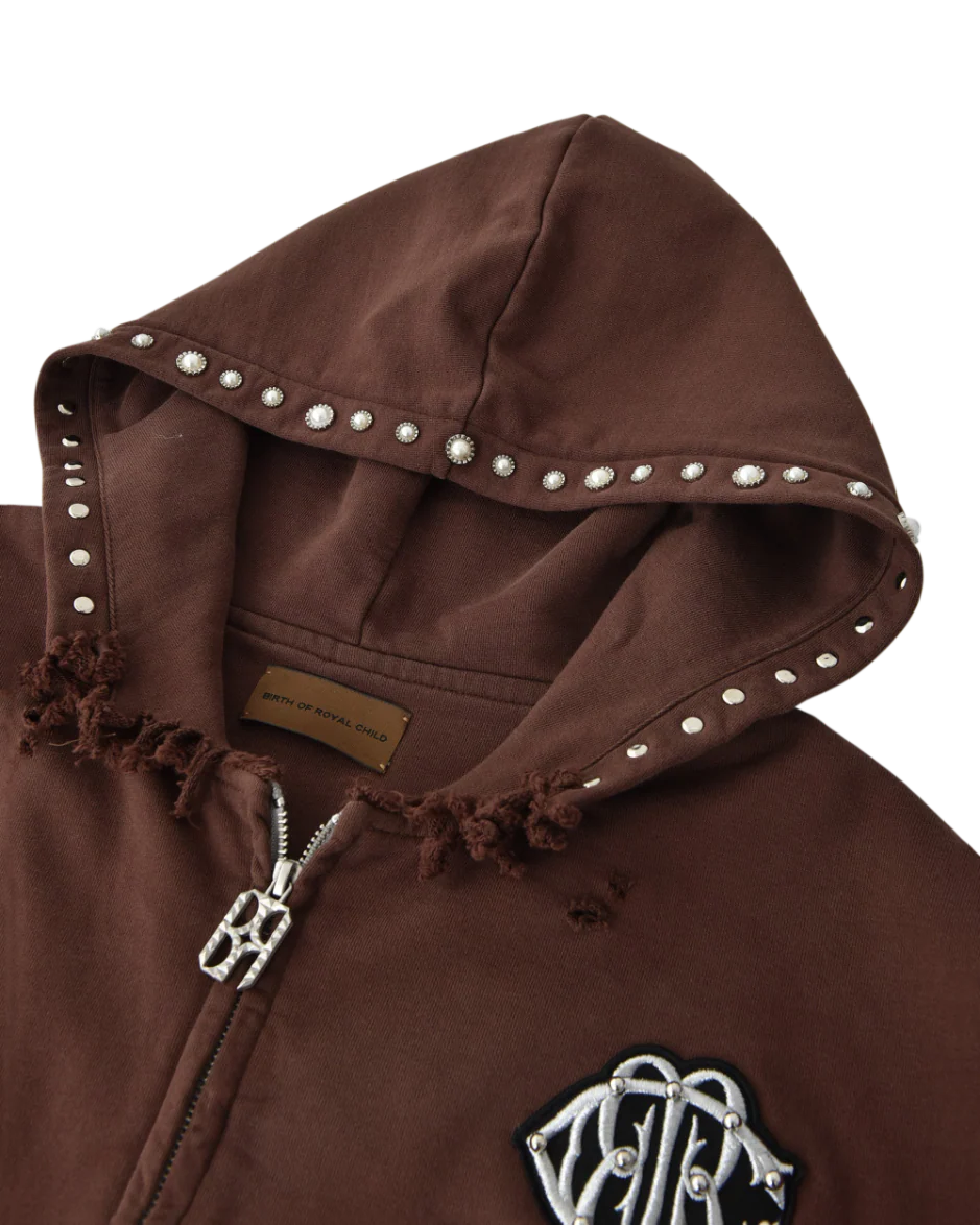PEARL STUDDED BOXY ZIP HOODIE BROWN - Image 3