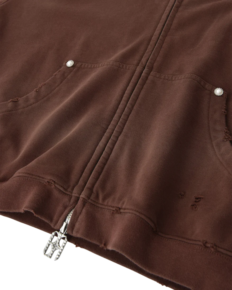 PEARL STUDDED BOXY ZIP HOODIE BROWN - Image 5