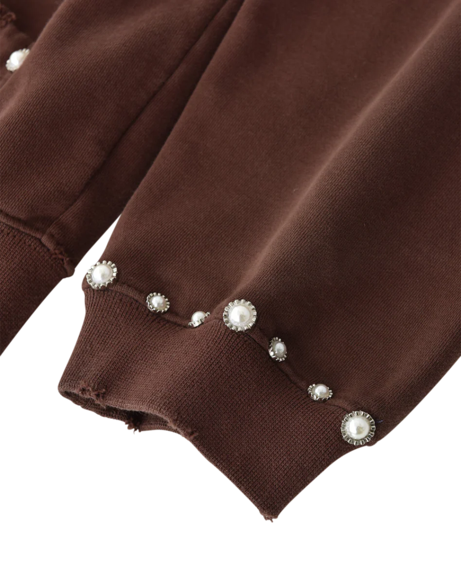PEARL STUDDED BOXY ZIP HOODIE BROWN - Image 6