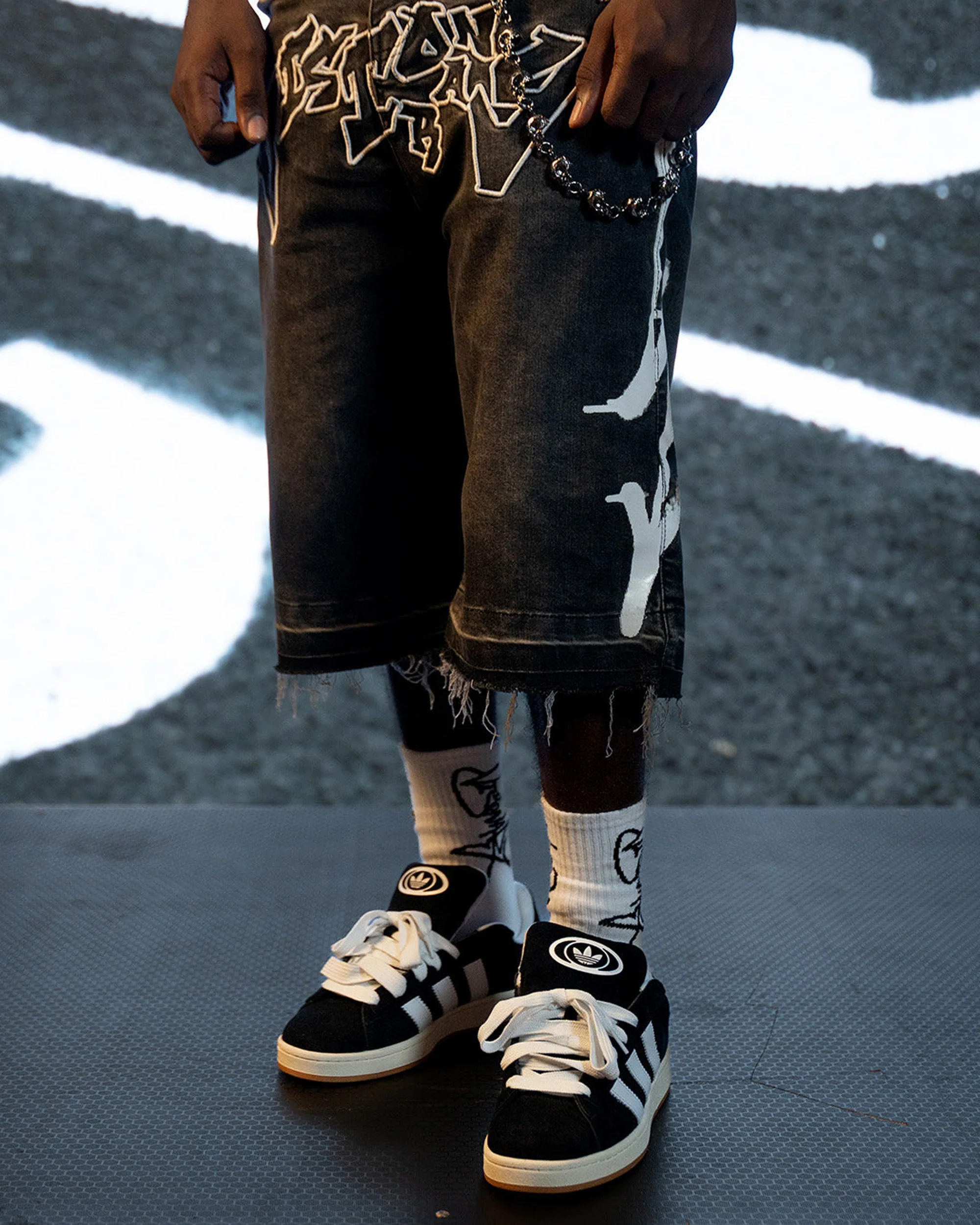 PHANTOM GREY “GRAFFITI BLITZ” LONG STRAIGHT DENIM SHORTS - Image 3