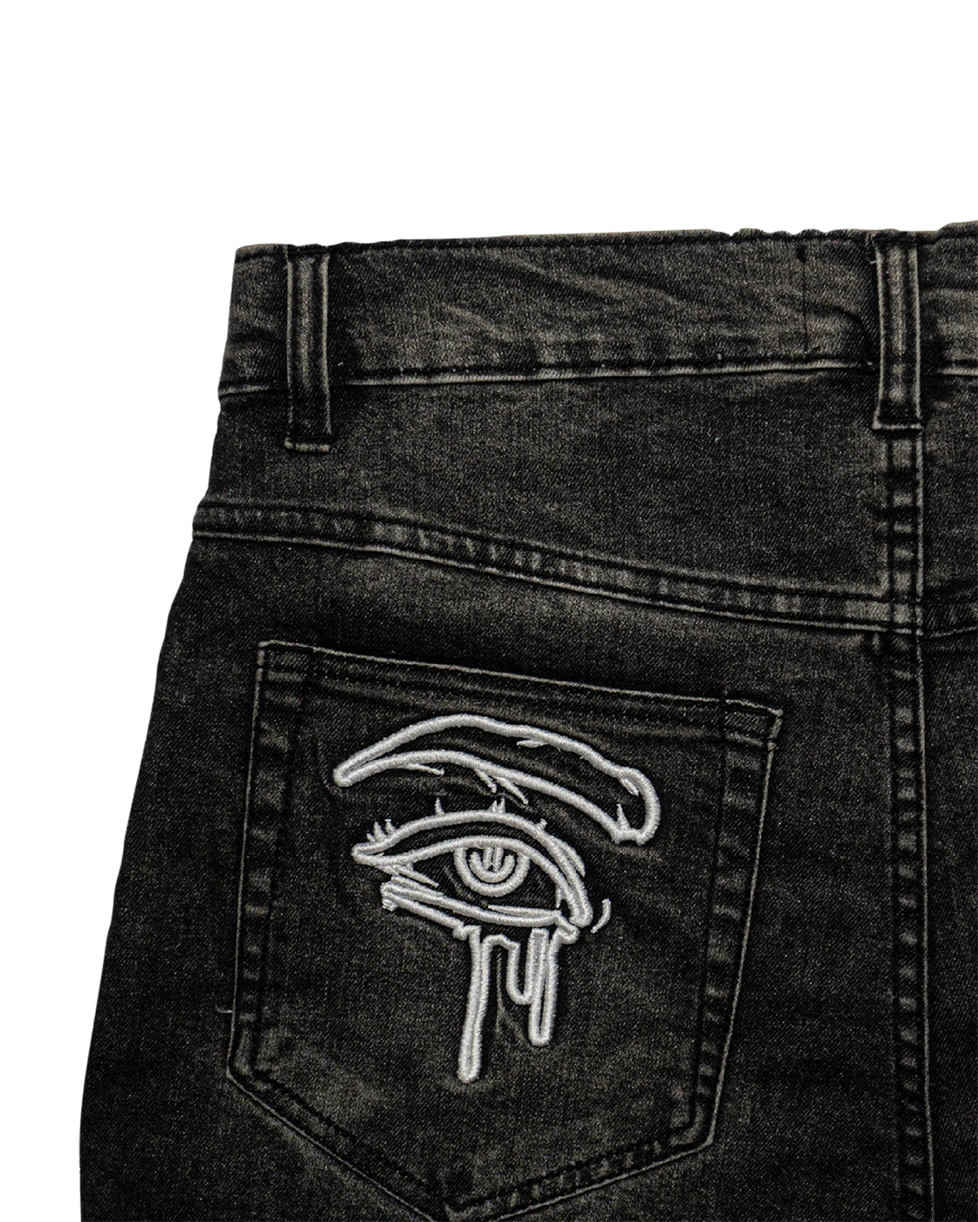 PHANTOM GREY “GRAFFITI BLITZ” LONG STRAIGHT DENIM SHORTS - Image 7