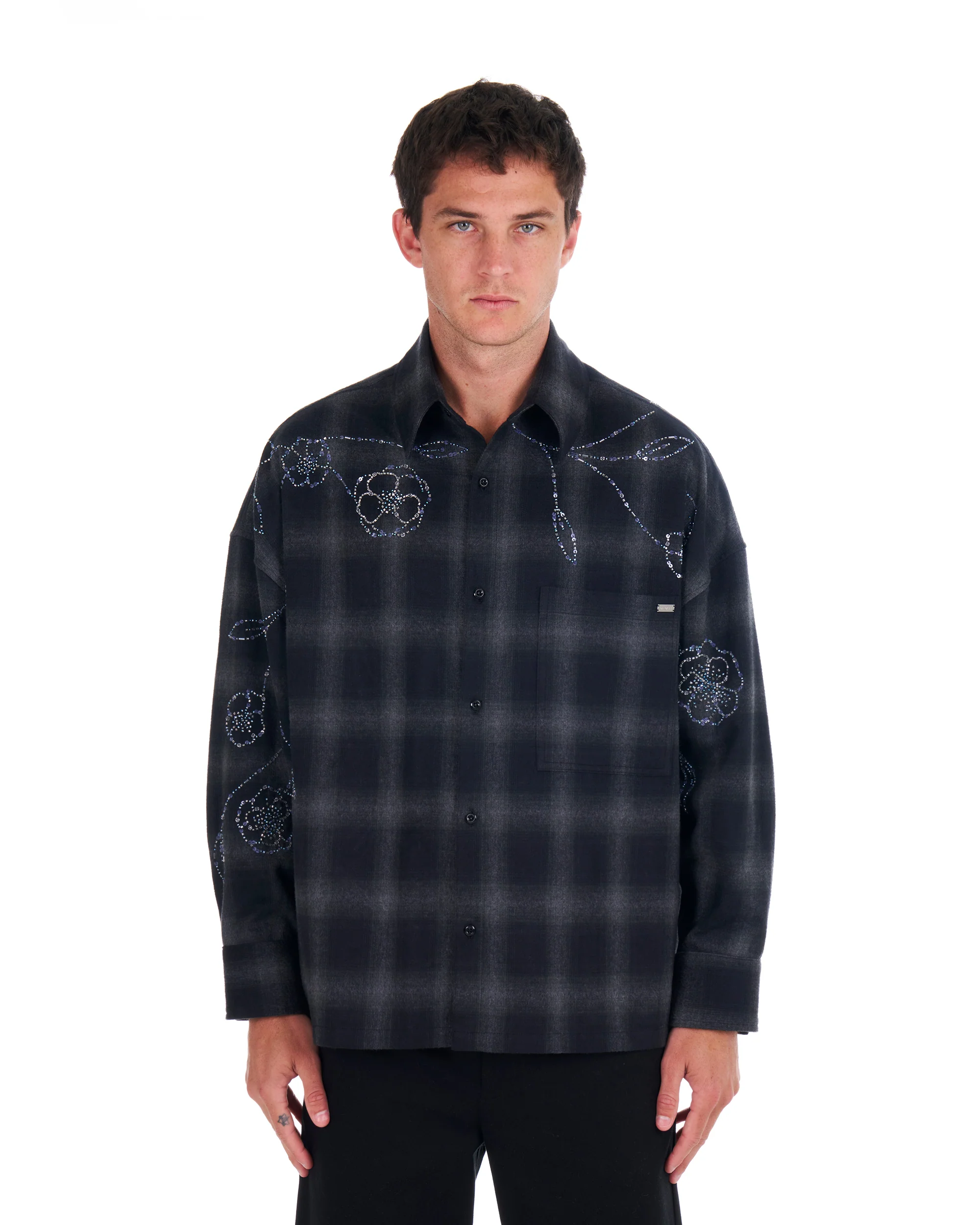 Plaid Beaded Oversized Shirt
