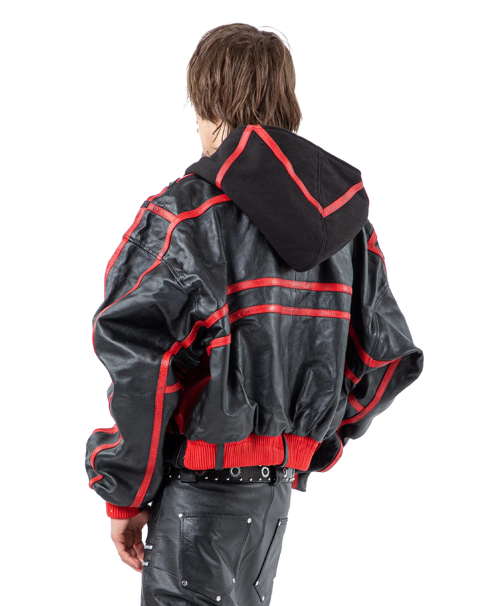 "PRYZM" 2-TONE LEATHER BOMBER - RED/BLACK - Image 4
