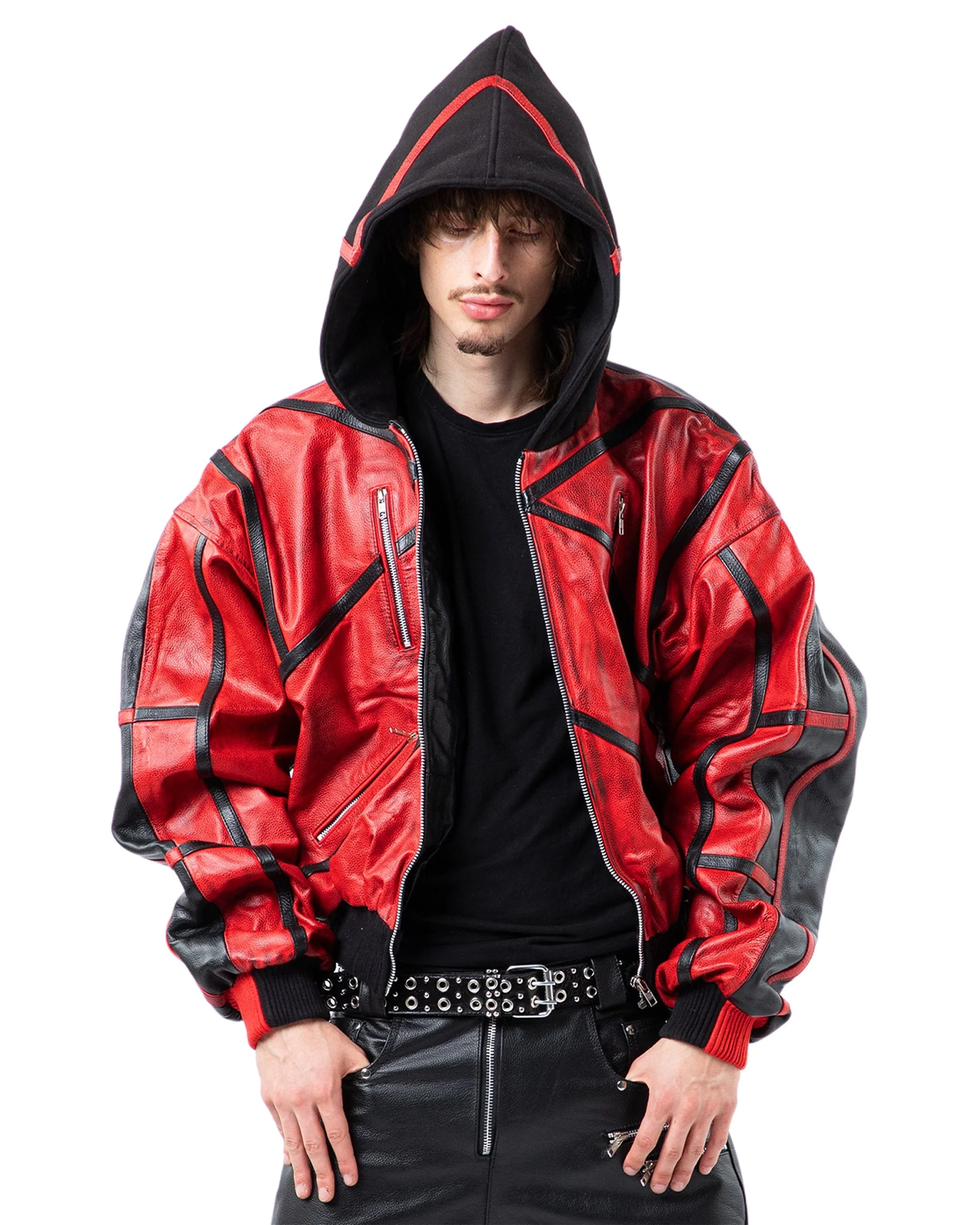 "PRYZM" 2-TONE LEATHER BOMBER - RED/BLACK - Image 5