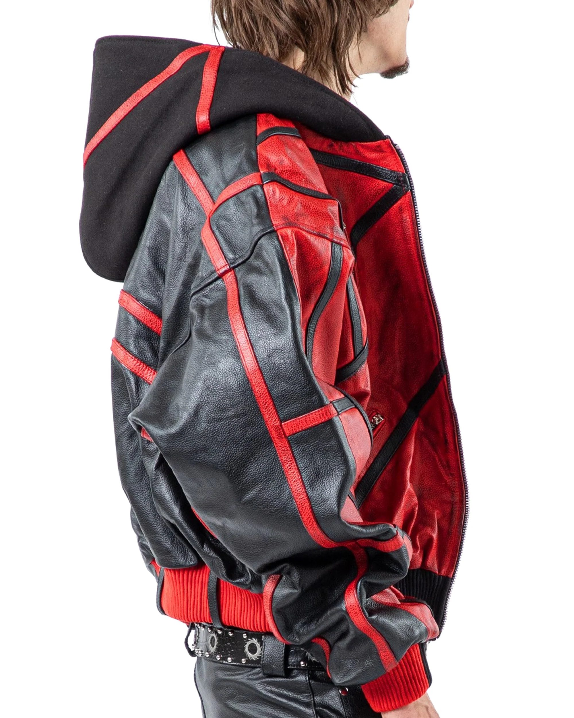 "PRYZM" 2-TONE LEATHER BOMBER - RED/BLACK - Image 6